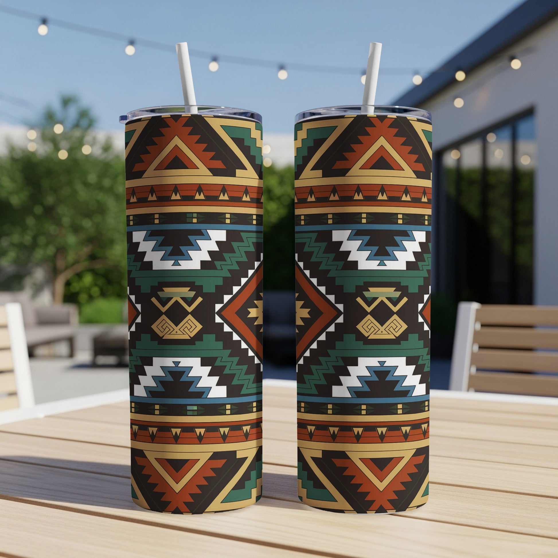 Two tall tumblers with a geometric Southwestern pattern on a wooden table.