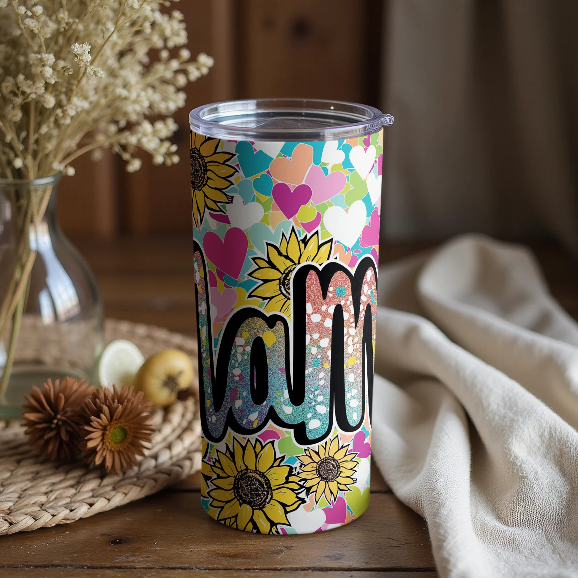 Colorful Hearts and Sunflowers Design Tumbler
