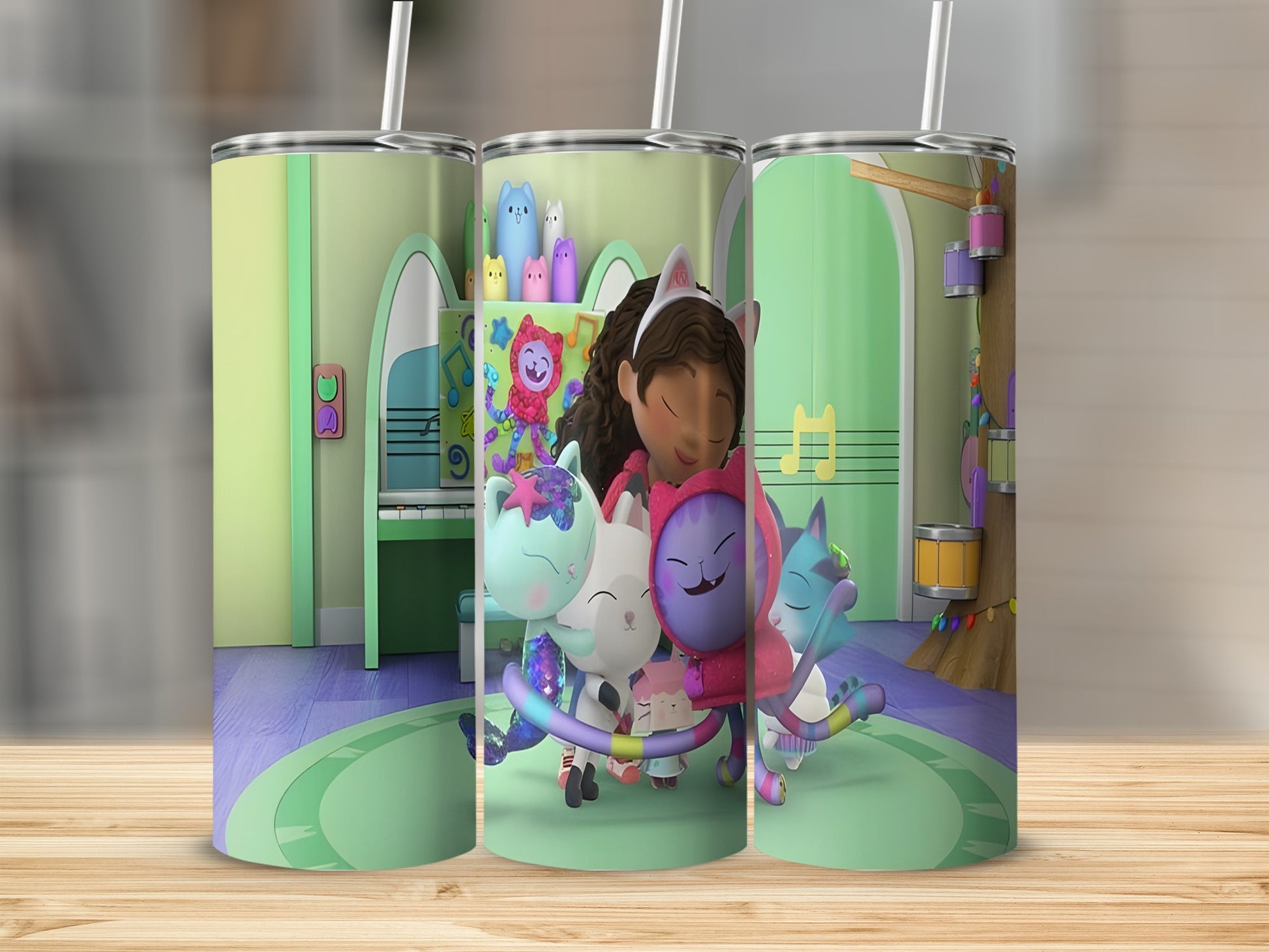 Gabby's Dollhouse characters embrace with colorful cat friends in a whimsical room.