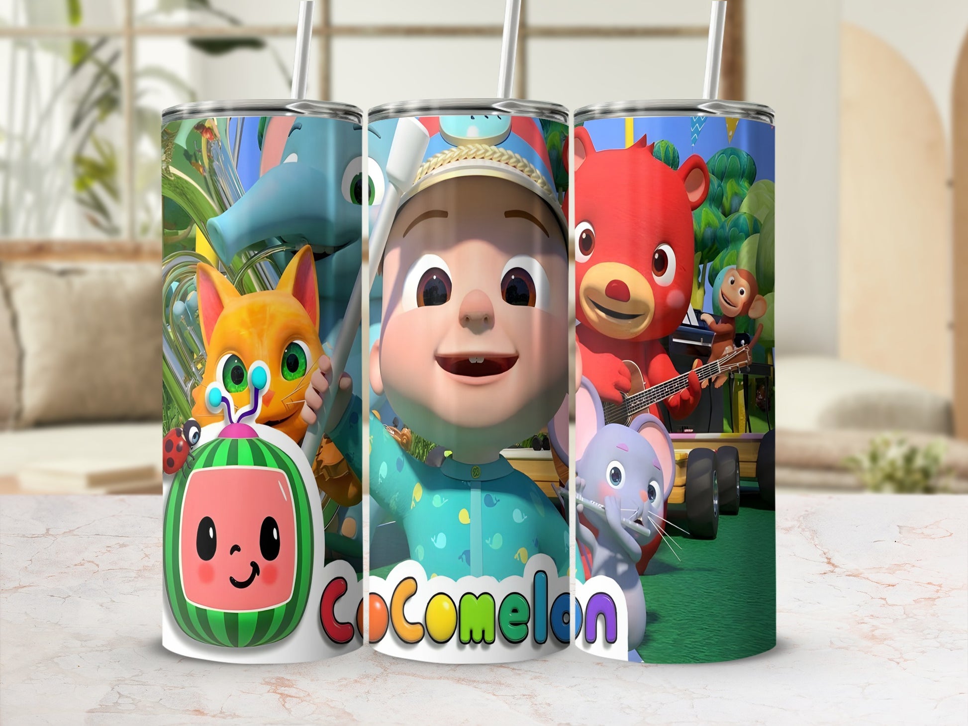 Cocomelon characters with JJ, watermelon, monkey, and cat on a patterned tumbler.