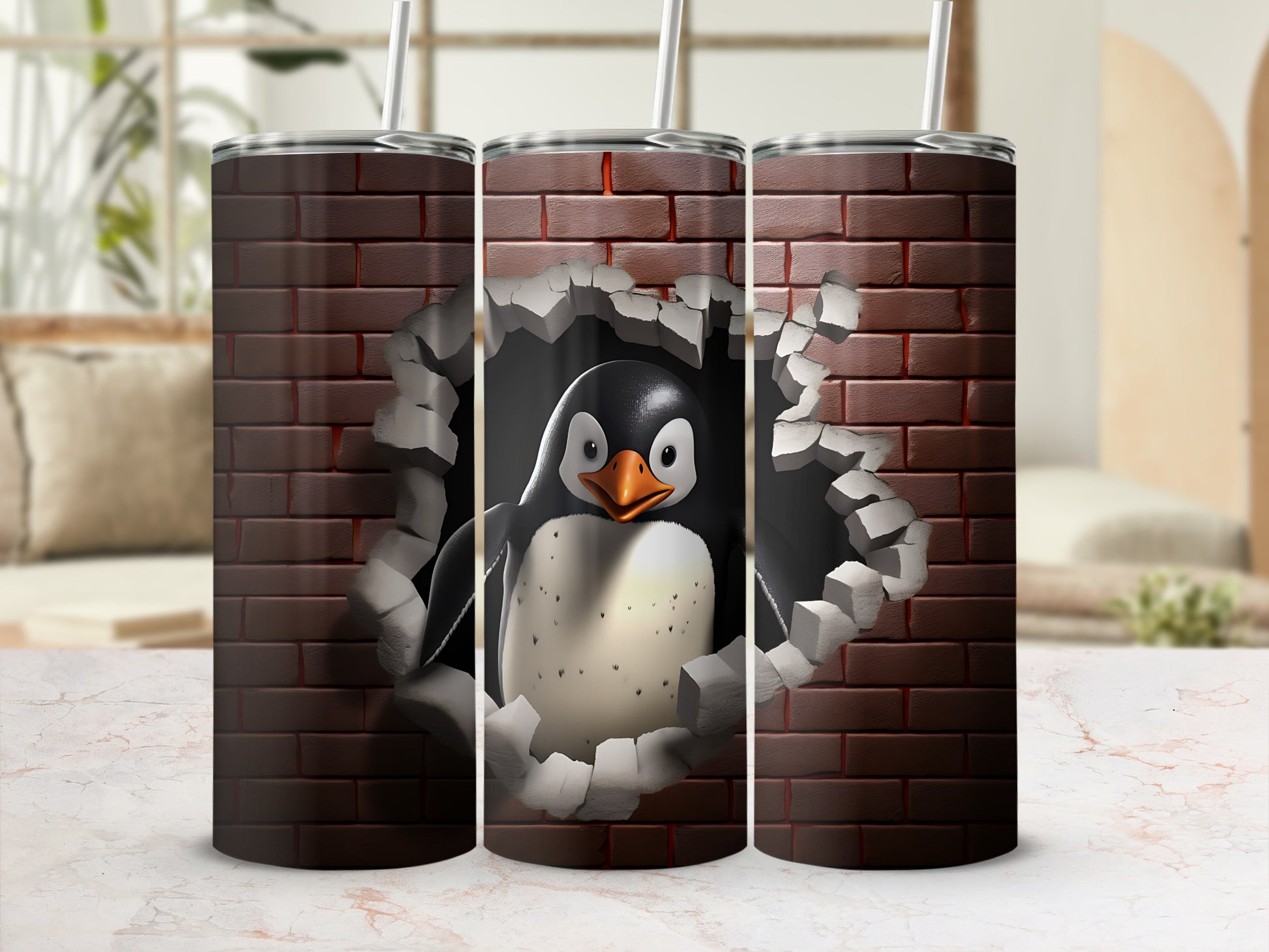Penguin peeking through a brick wall on a tumbler.