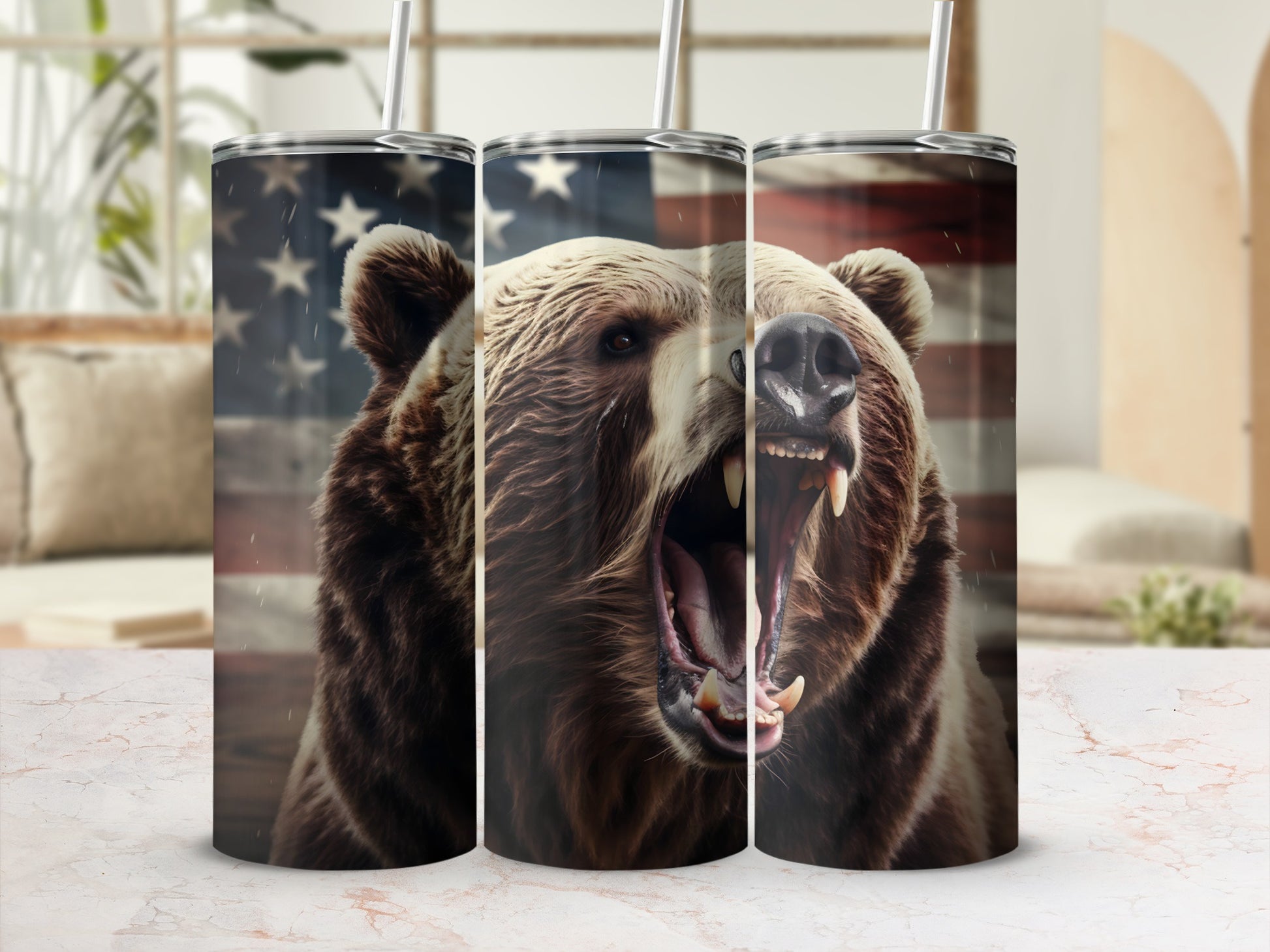 Bear with open mouth and American flag background on a tumbler.
