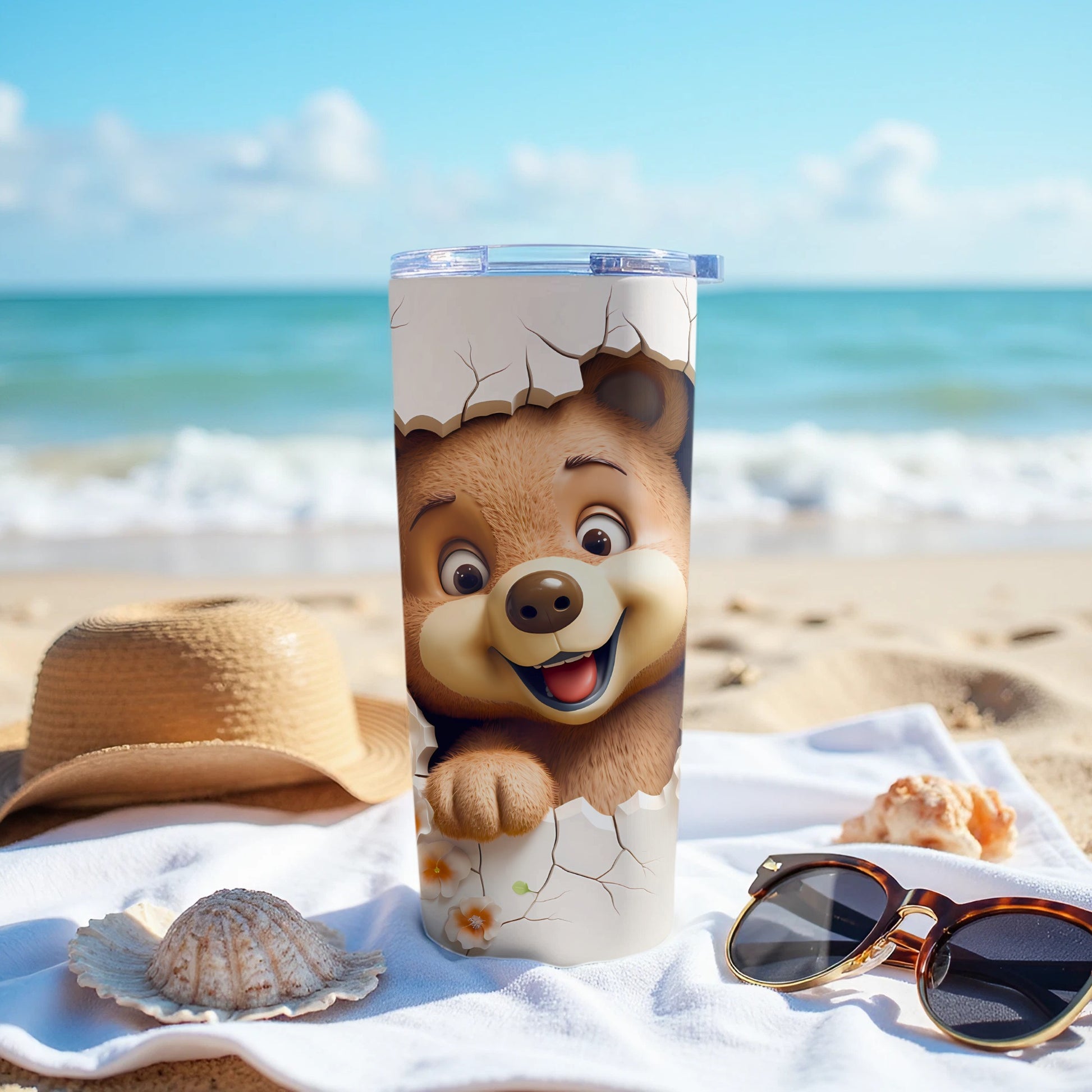 Cracked egg happy bear graphic design tumbler product type
tumbler, bear, cartoon, happy, smiling, cracked egg, eggshell, cute, animal, beach, ocean, summer, vacation, drinkware, beverage, fun, character, graphic, design, gift