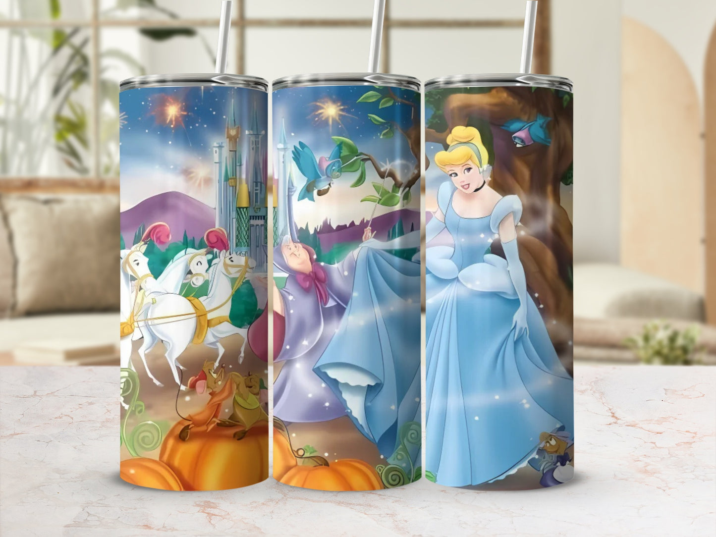 Enchanting Cinderella Scene Travel Tumbler Cup Set