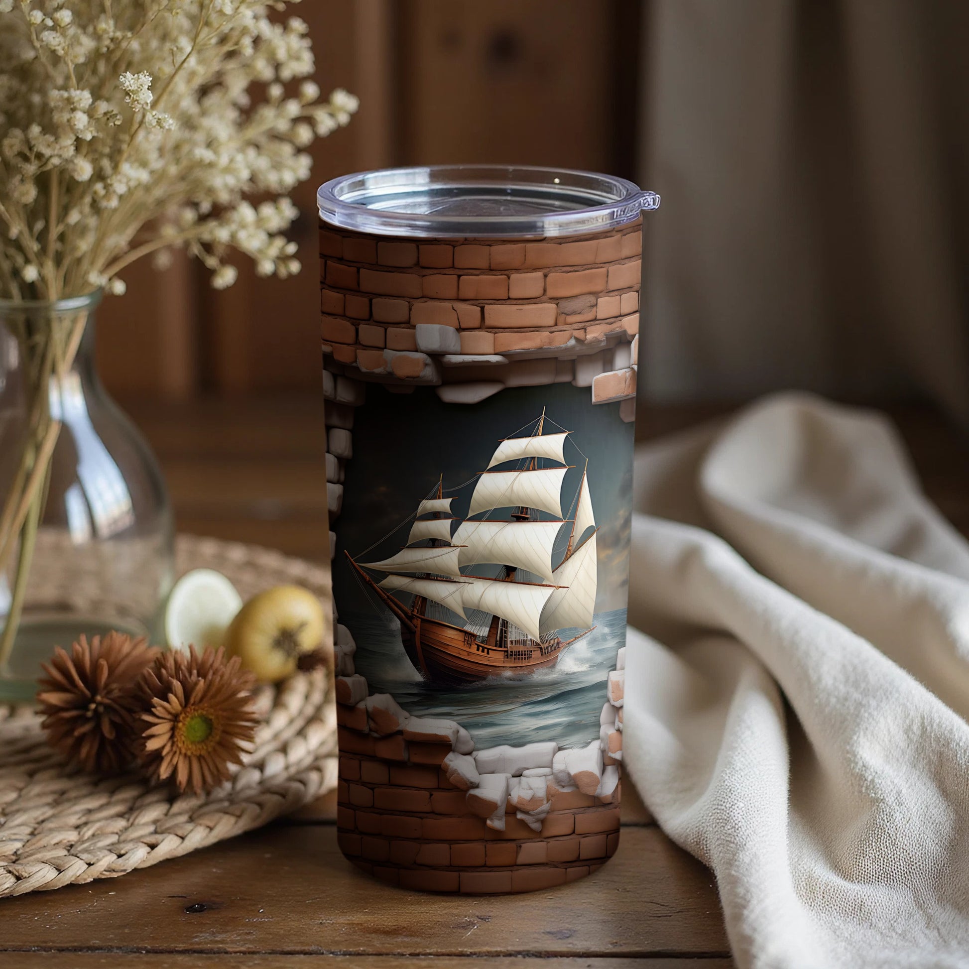 Vintage Sailboat Tumbler with Brick Wall Design