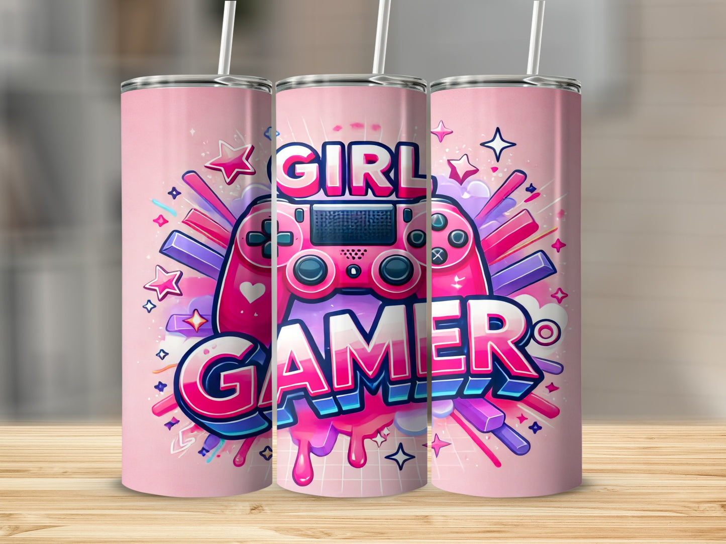 Pink tumbler with "Girl Gamer" text and a video game controller.