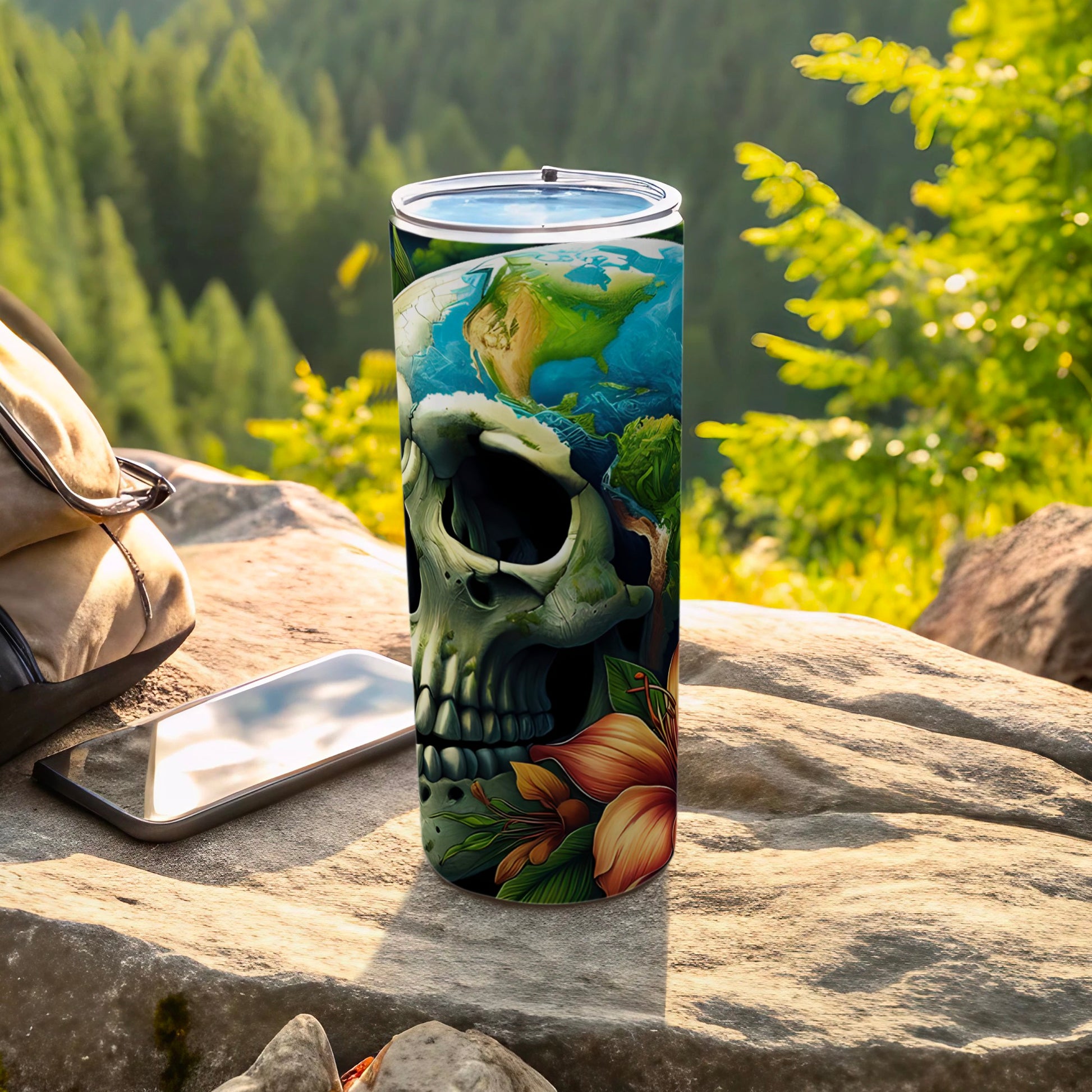 Skull with Earth and tropical foliage design on a tumbler.
