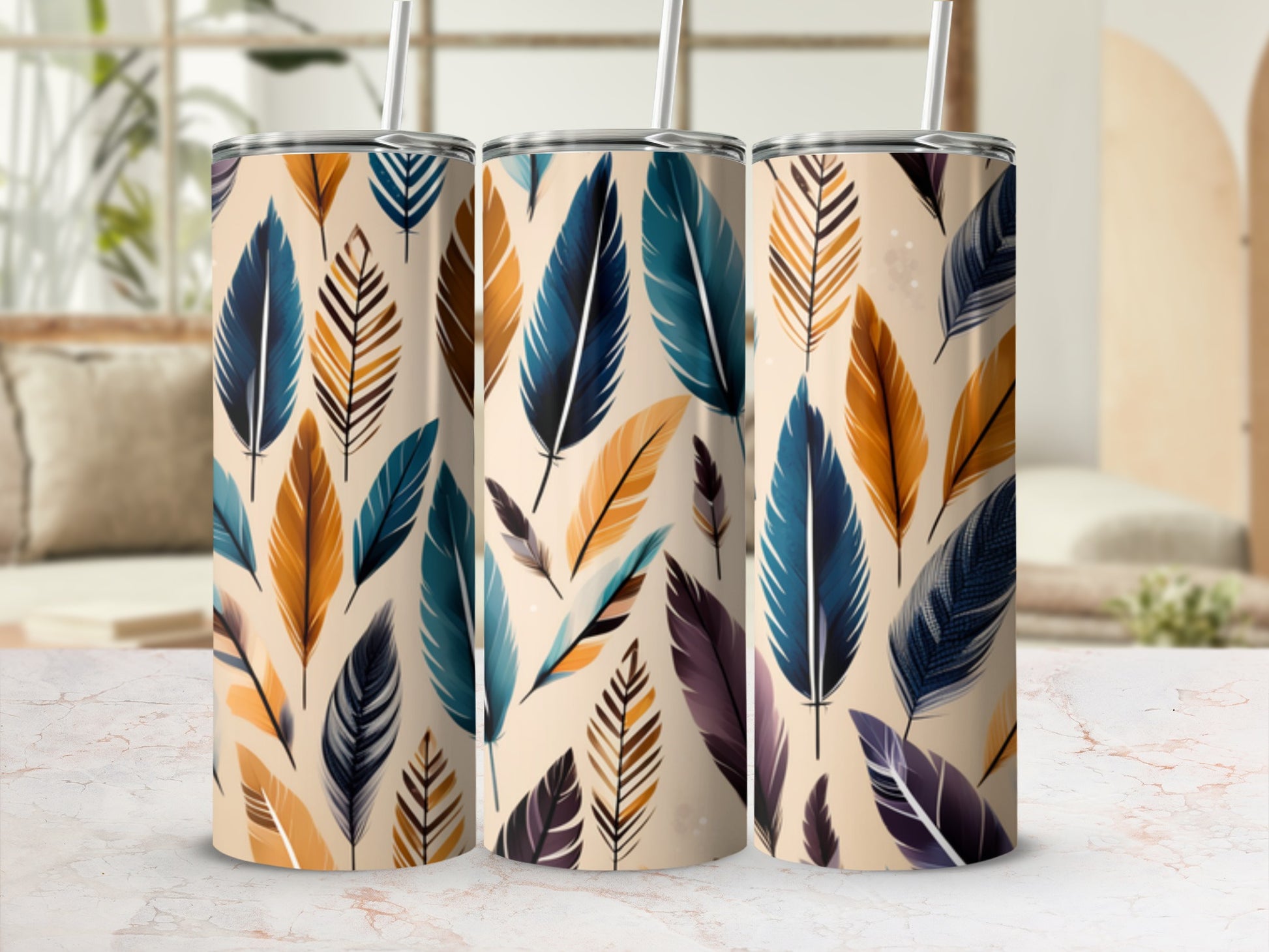 Three tumblers with a repeating pattern of colorful feathers.