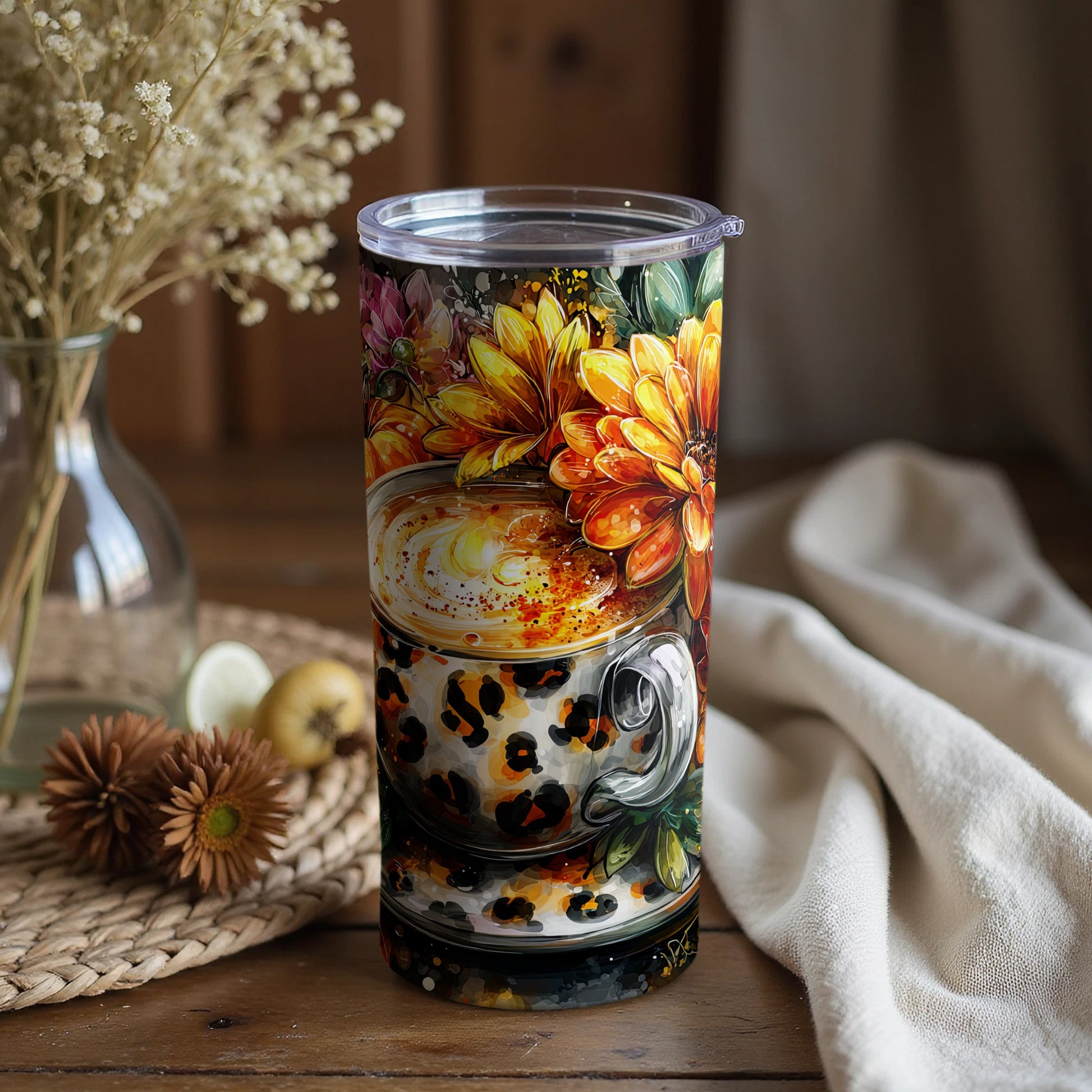 Colorful Floral Leopard Print Coffee Tumbler