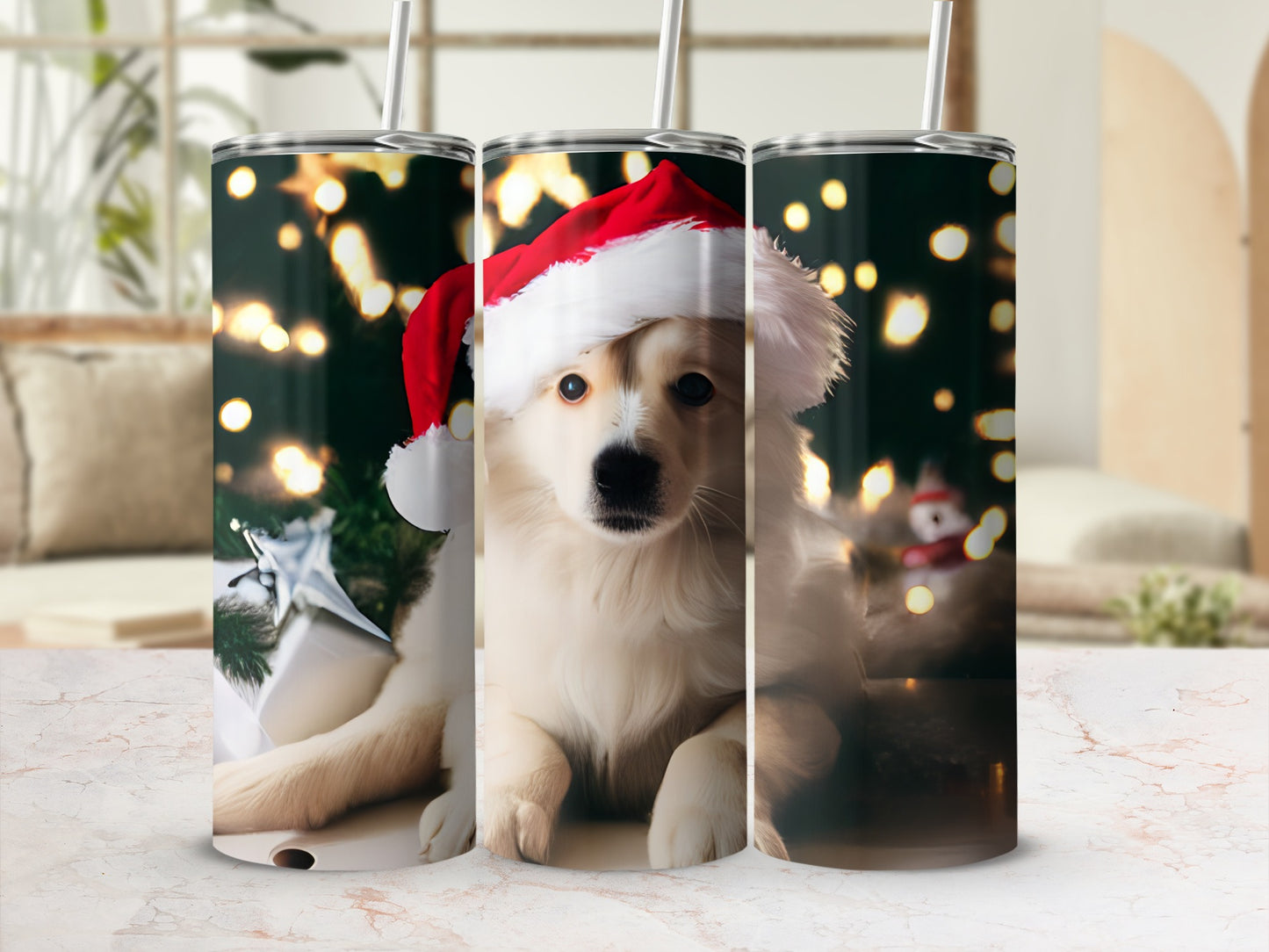 Three festive tumblers featuring a golden retriever puppy wearing a Santa hat.