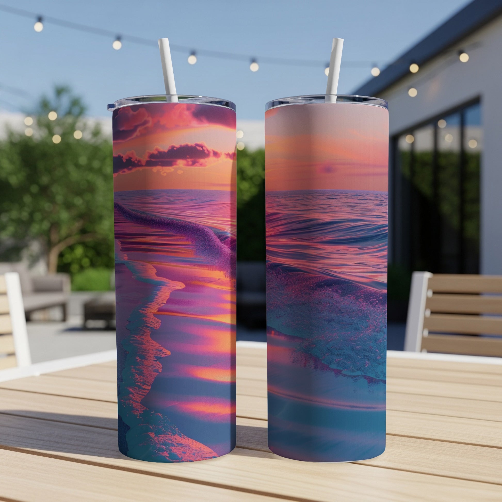 Two tumblers with a vibrant sunset ocean wave design sit on a wooden table.