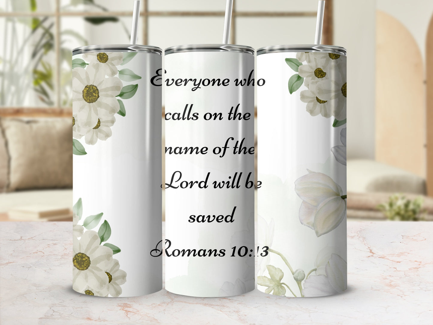 Inspirational Romans 10:13 Quote Floral Tumbler