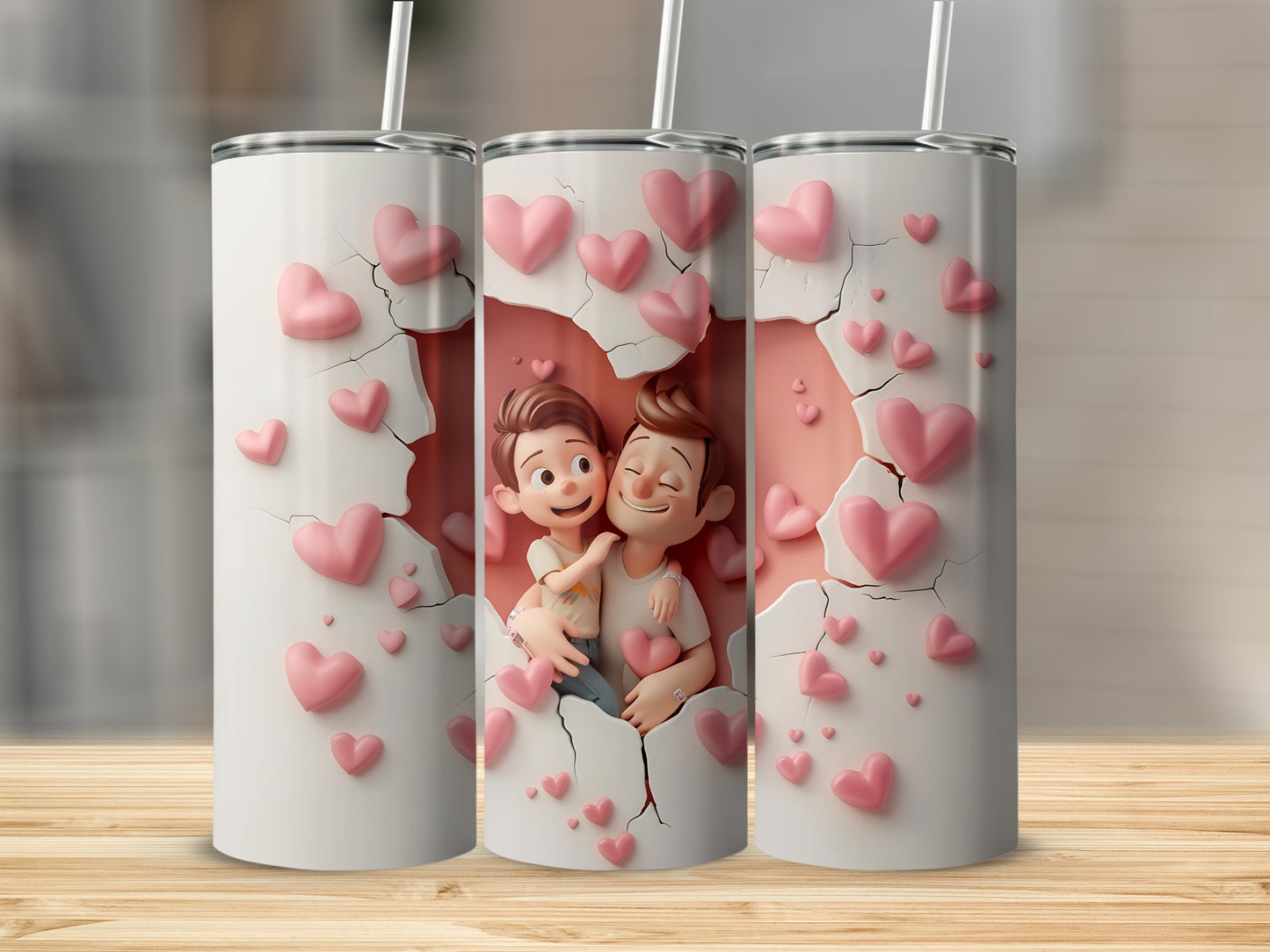 Two men hugging, surrounded by pink heart shapes on a white tumbler.