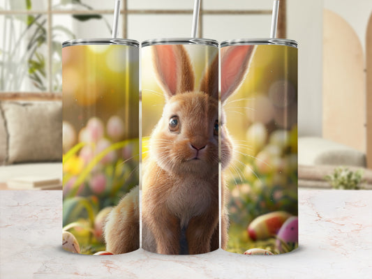 Fuzzy bunny surrounded by Easter eggs and soft spring foliage.