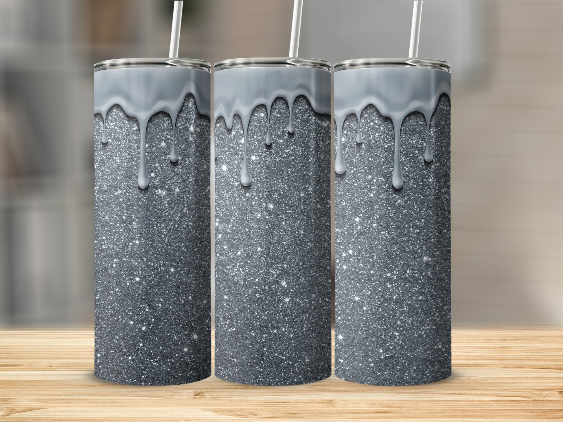 Glitter Silver Drip Design Tumblers for Stylish Drinks
