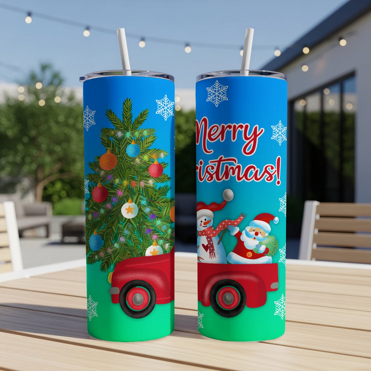 Christmas tree and Santa with snowman on truck, blue sky background.