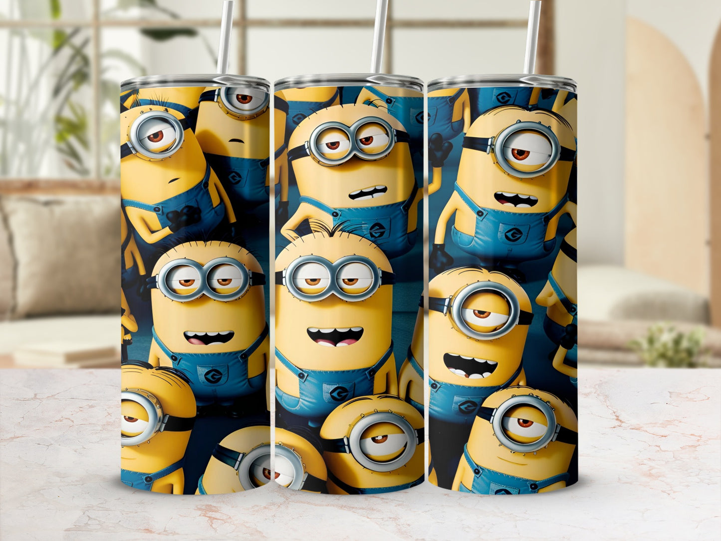 Minions in blue overalls with goggles on a yellow background.