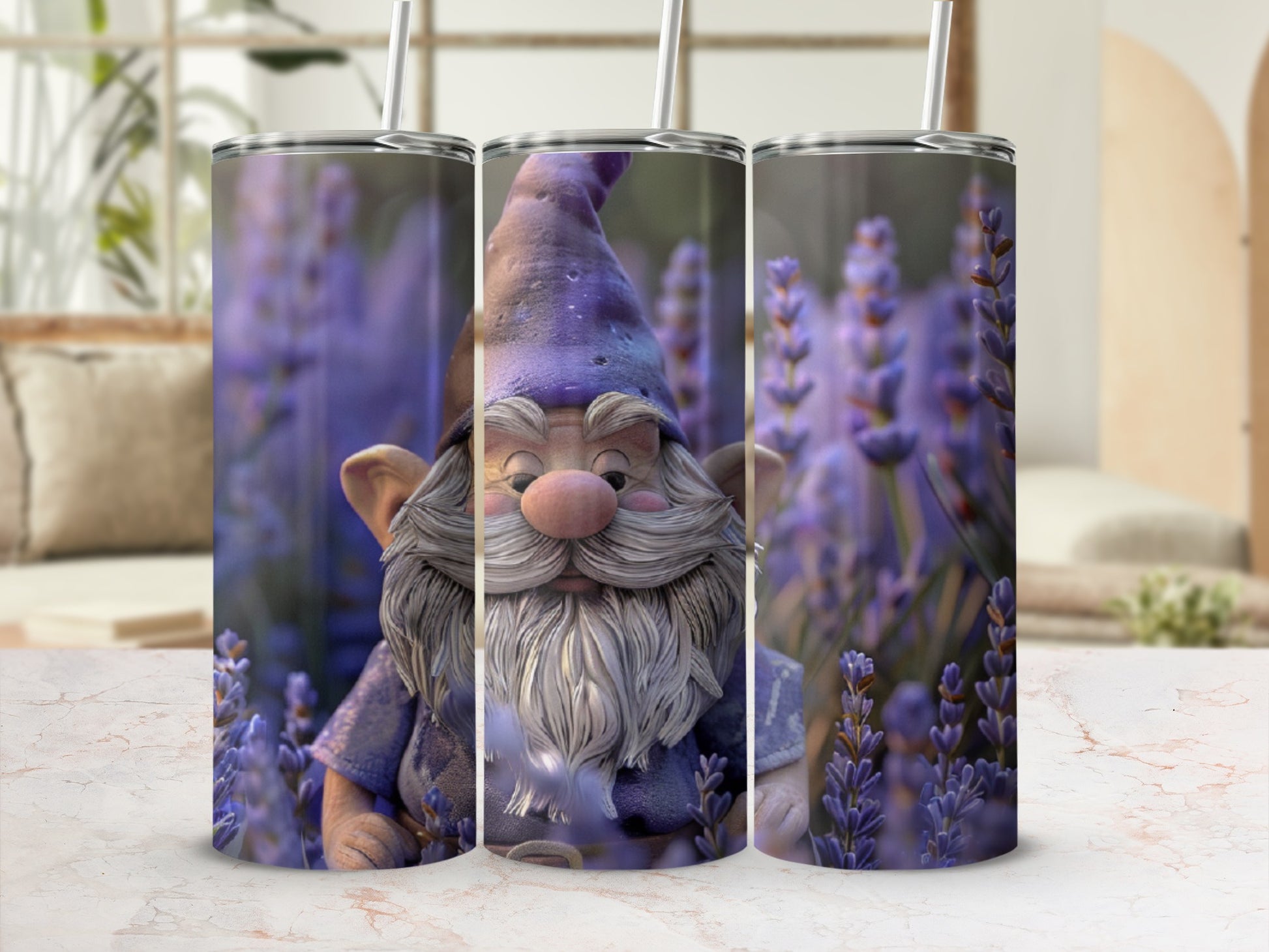 Gnome with lavender flowers on a tumbler design.