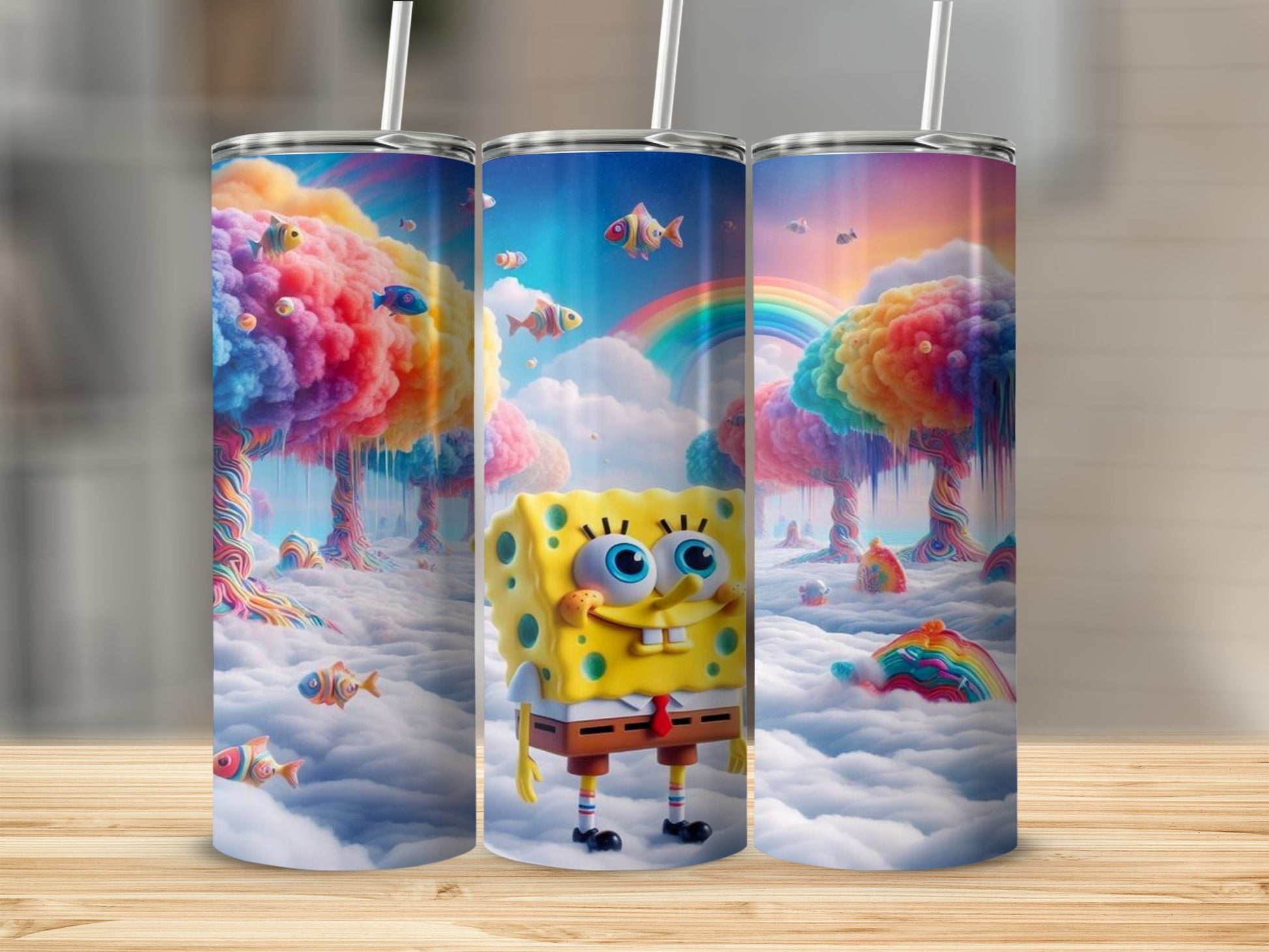 Colorful SpongeBob and Rainbow Fantasy Art Tumbler