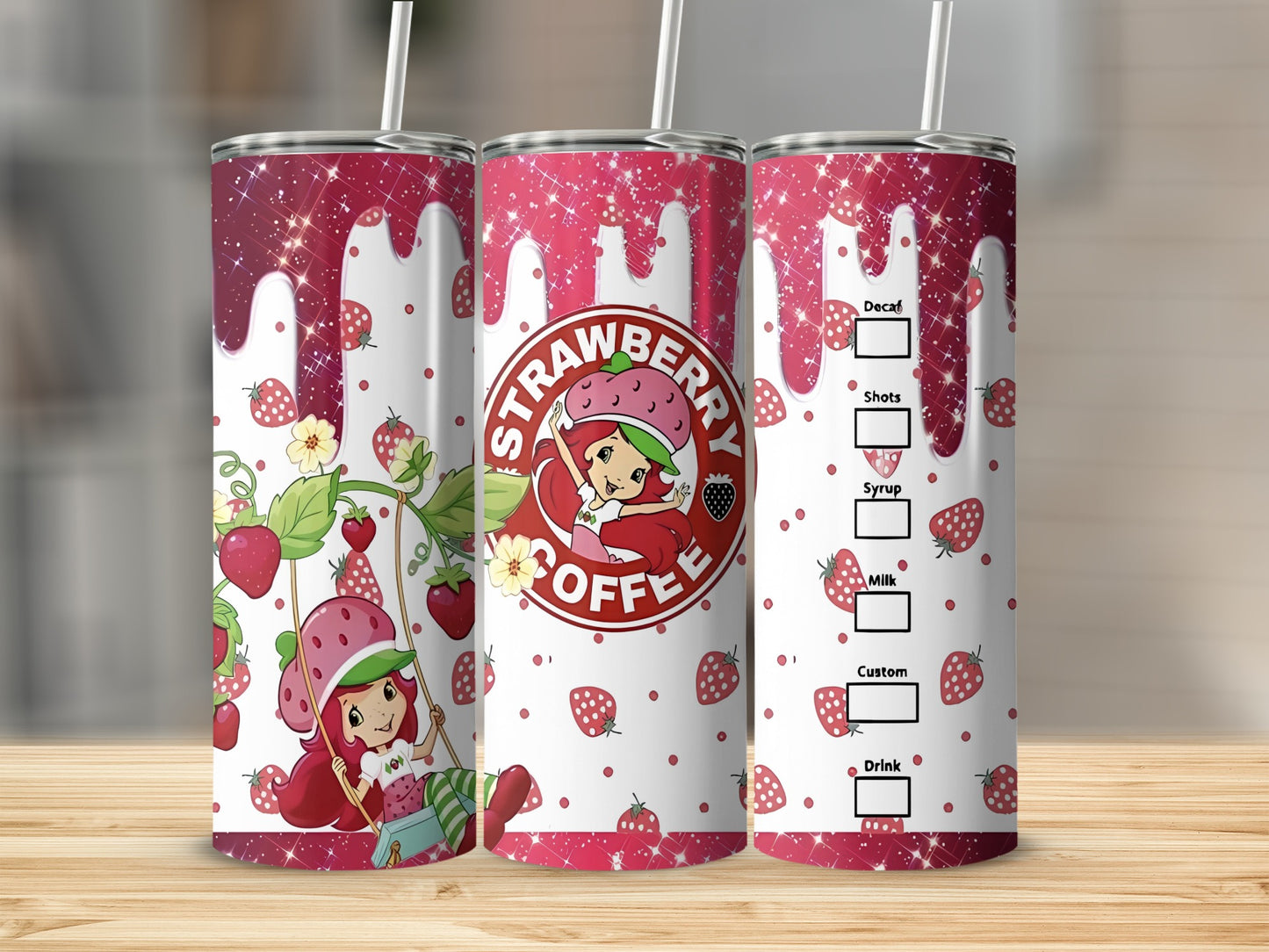 Strawberry coffee tumbler with cartoon girl and syrup options.