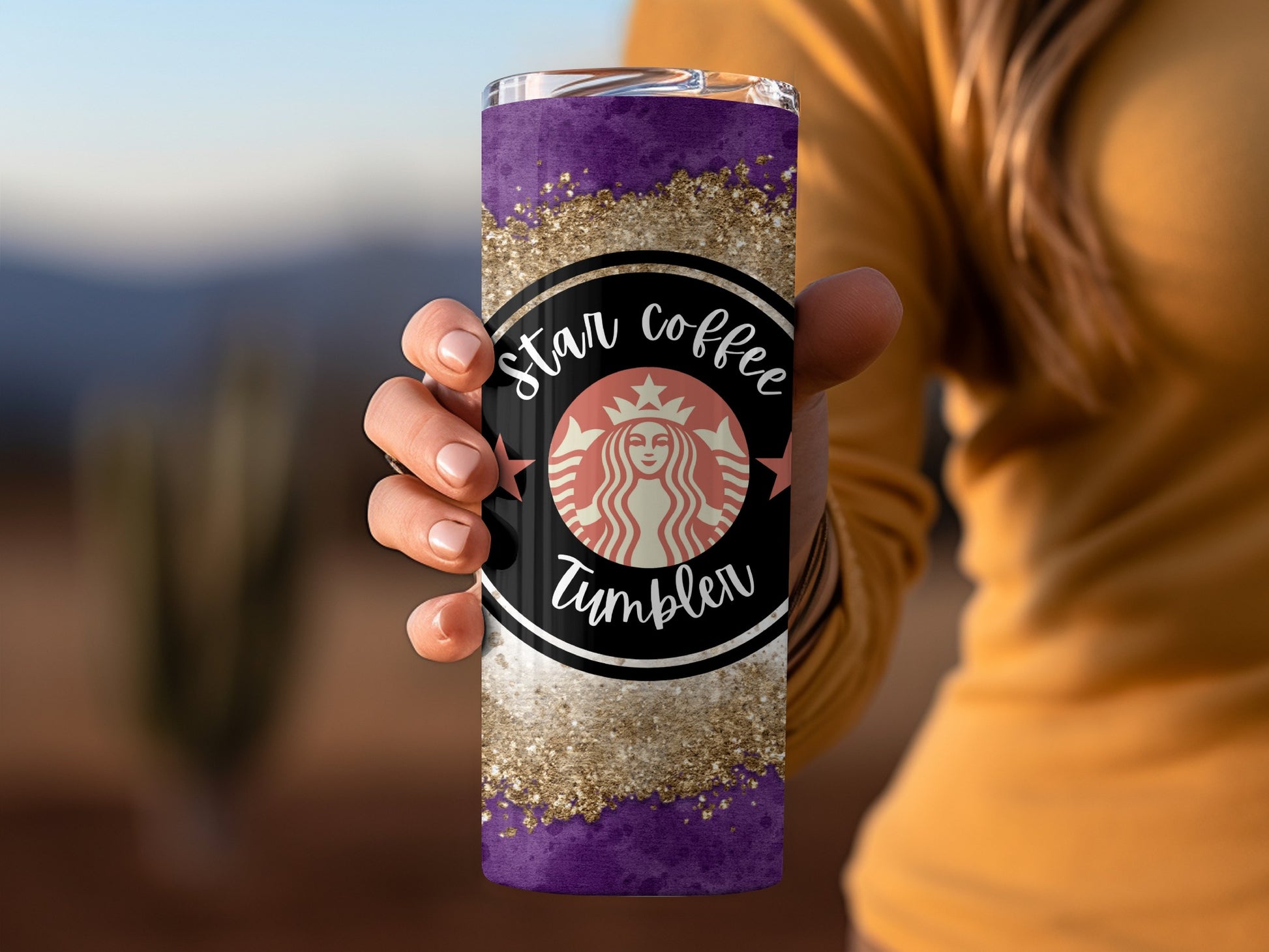 Star Coffee Tumbler Purple and Gold Glitter Design