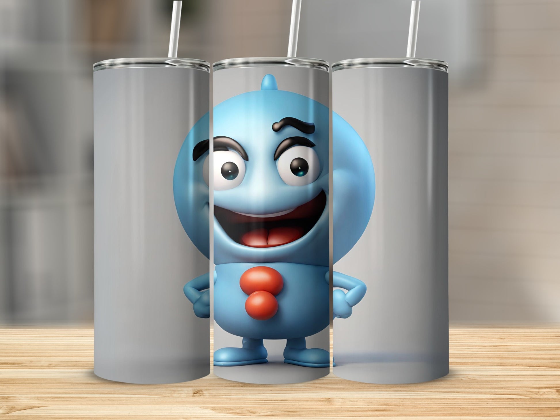 Happy Blue Cartoon Character Skinny Tumbler Cup