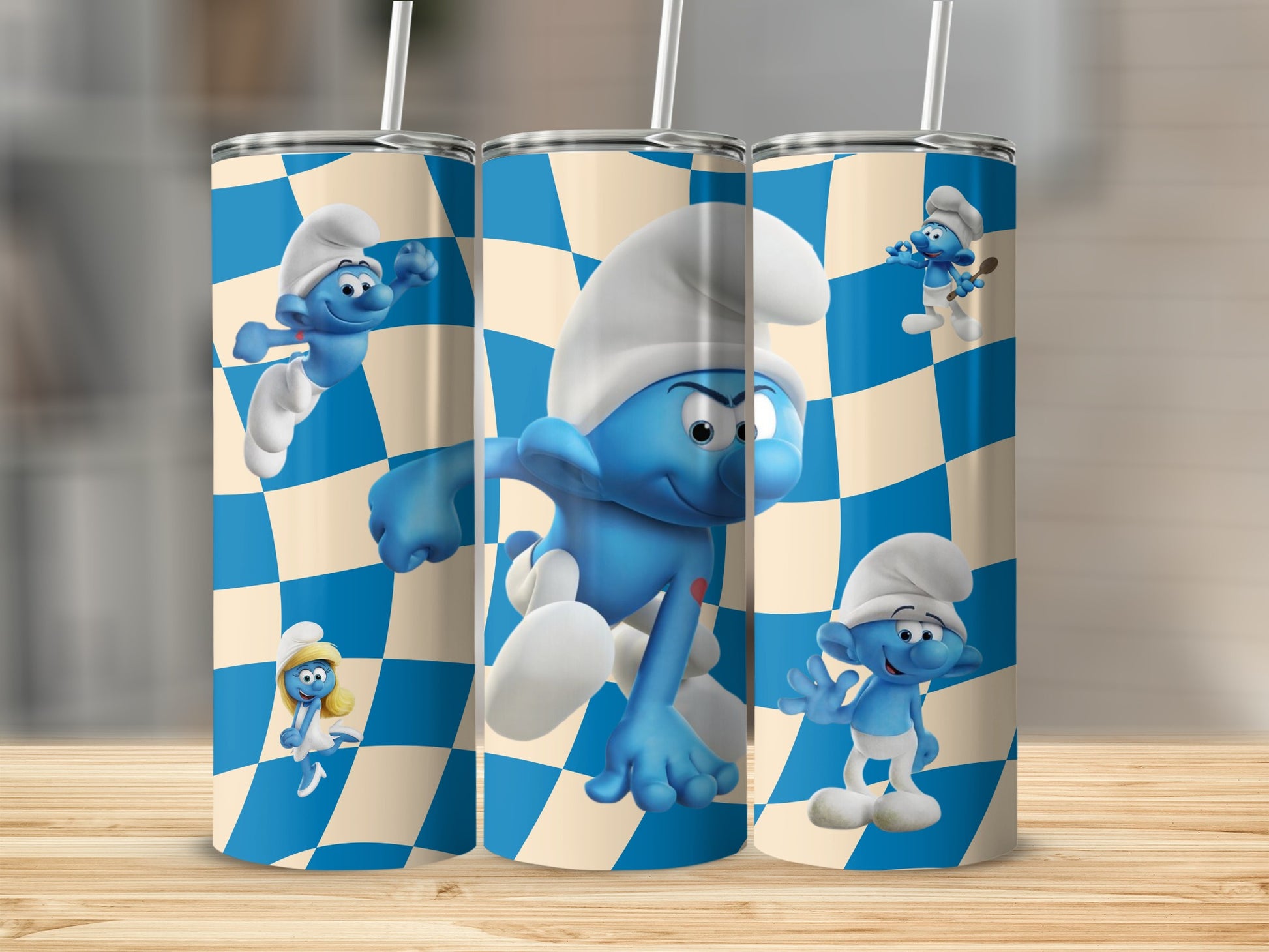 Cartoon Characters Checkered Design Tumbler Cup