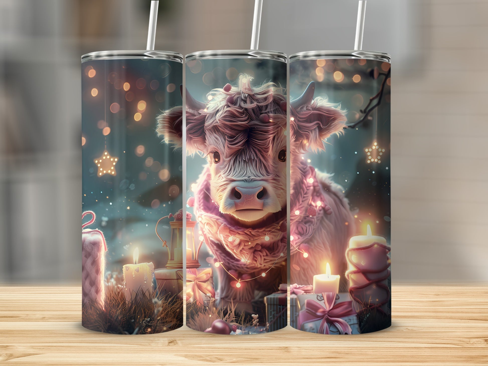 Fluffy cow wearing a pink scarf, surrounded by festive lights and candles.