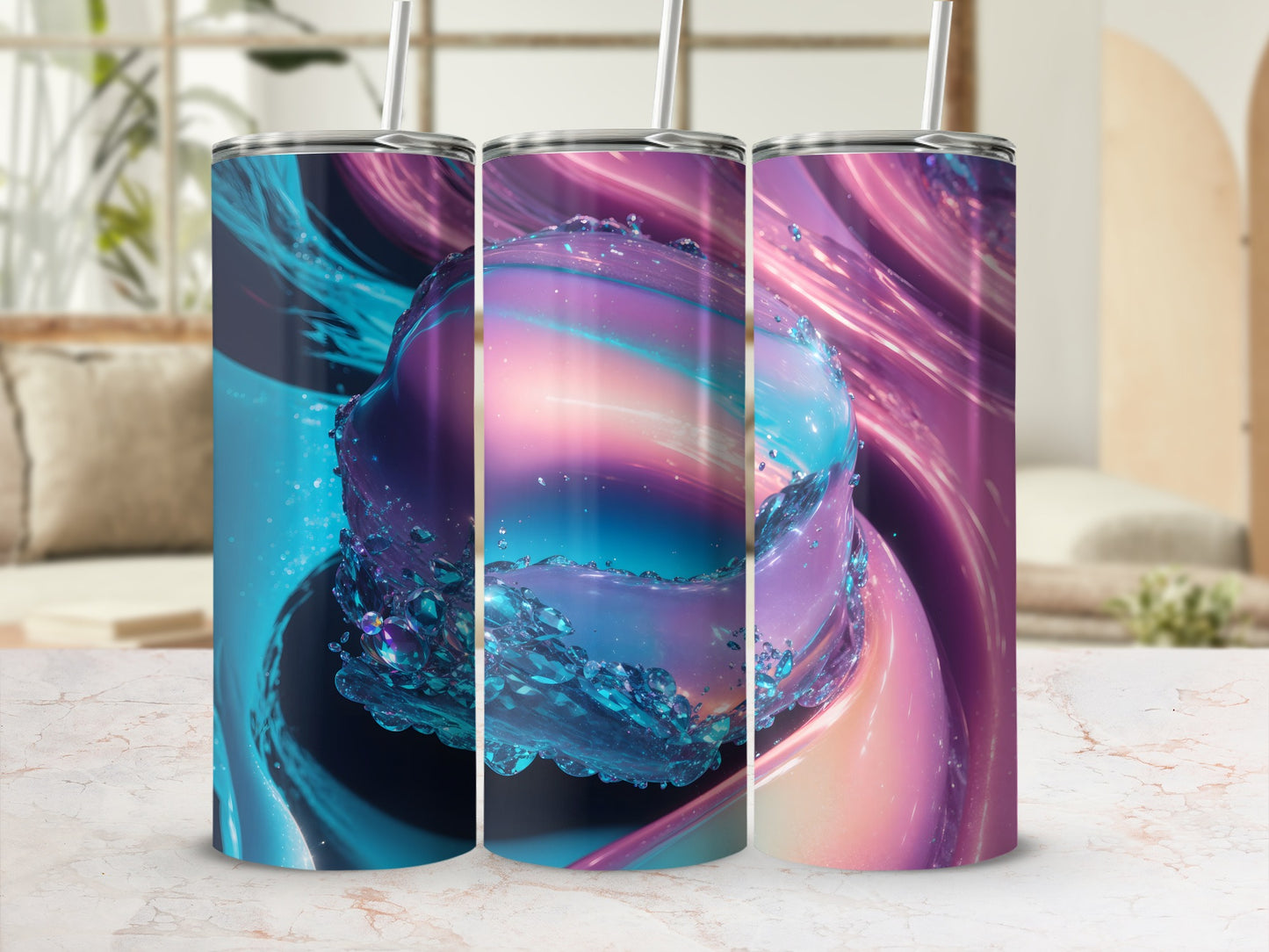 Three abstract tumblers with swirling blue, purple, and pink liquid designs.