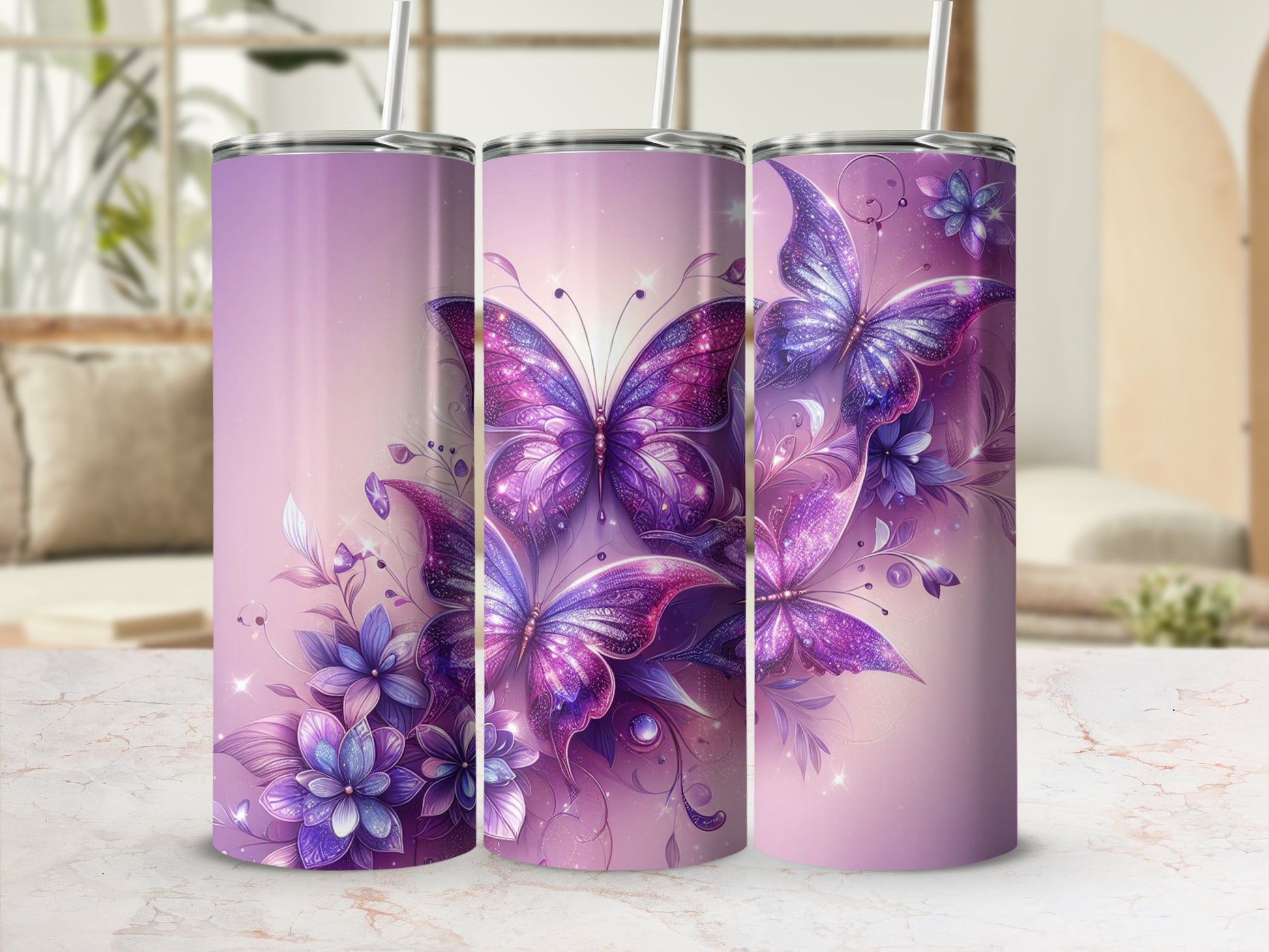 Stunning Purple Butterfly Flower Tumbler with Straw