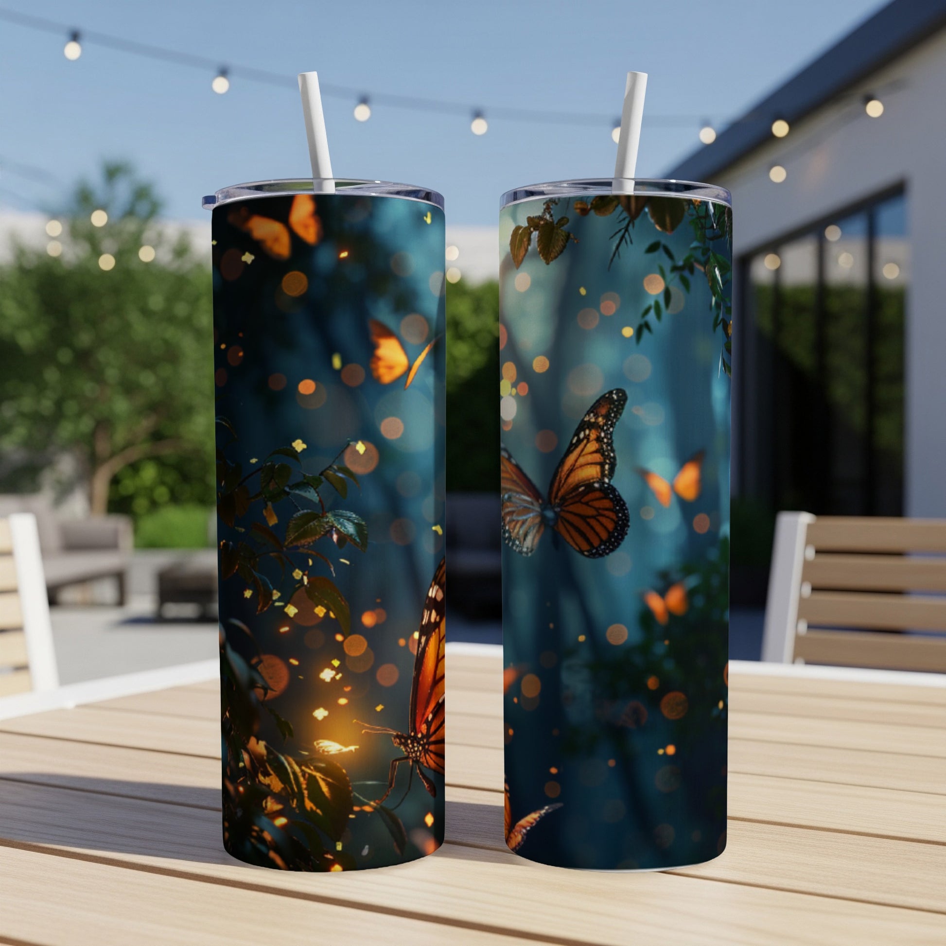 Two tumblers featuring a monarch butterfly and glowing lights in a forest.