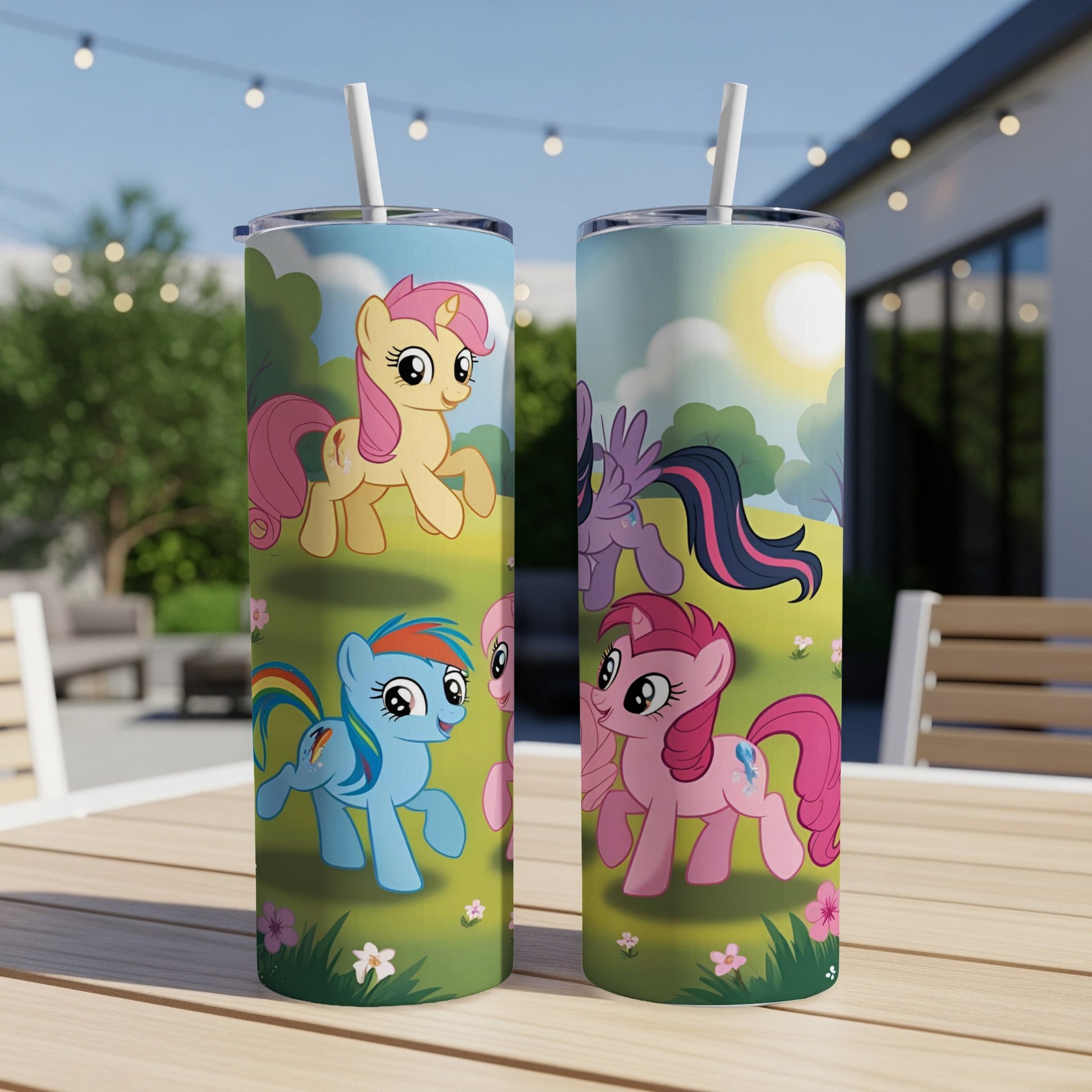Two My Little Pony tumblers with Twilight Sparkle and Rainbow Dash on a grassy field.