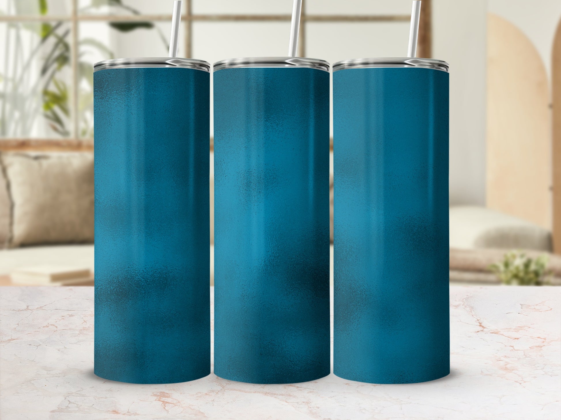 Three teal tumblers with