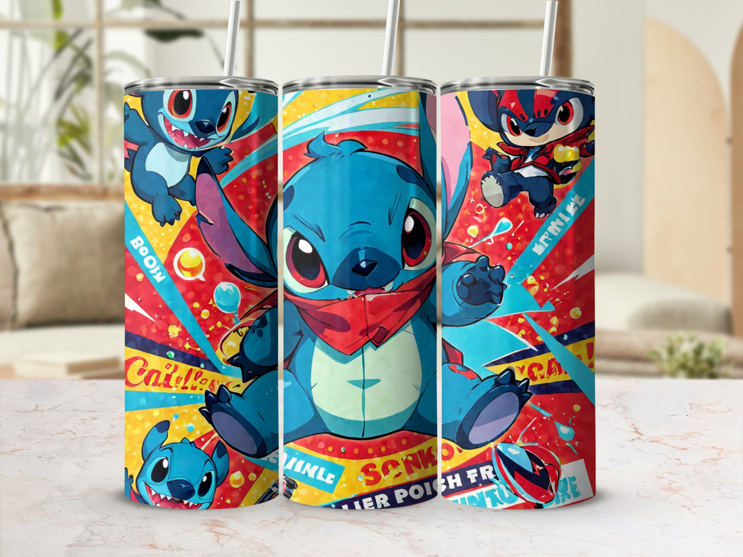 Three tumblers featuring Stitch from Lilo & Stitch with colorful comic book art.