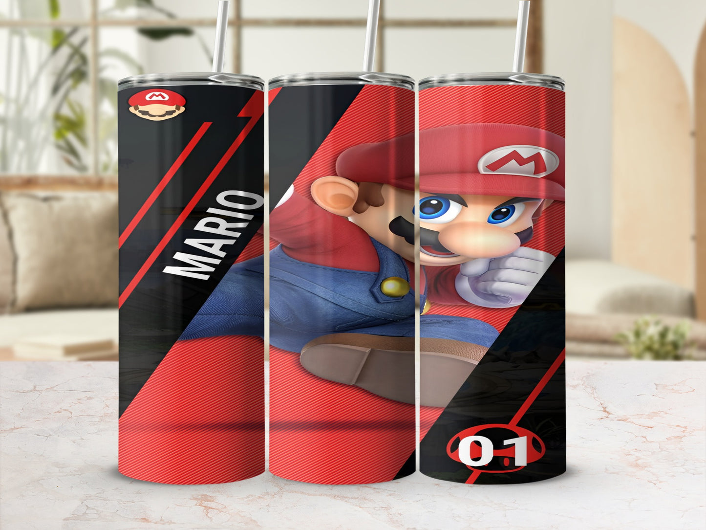 Super Mario character on a red, black, and white striped tumbler cup.