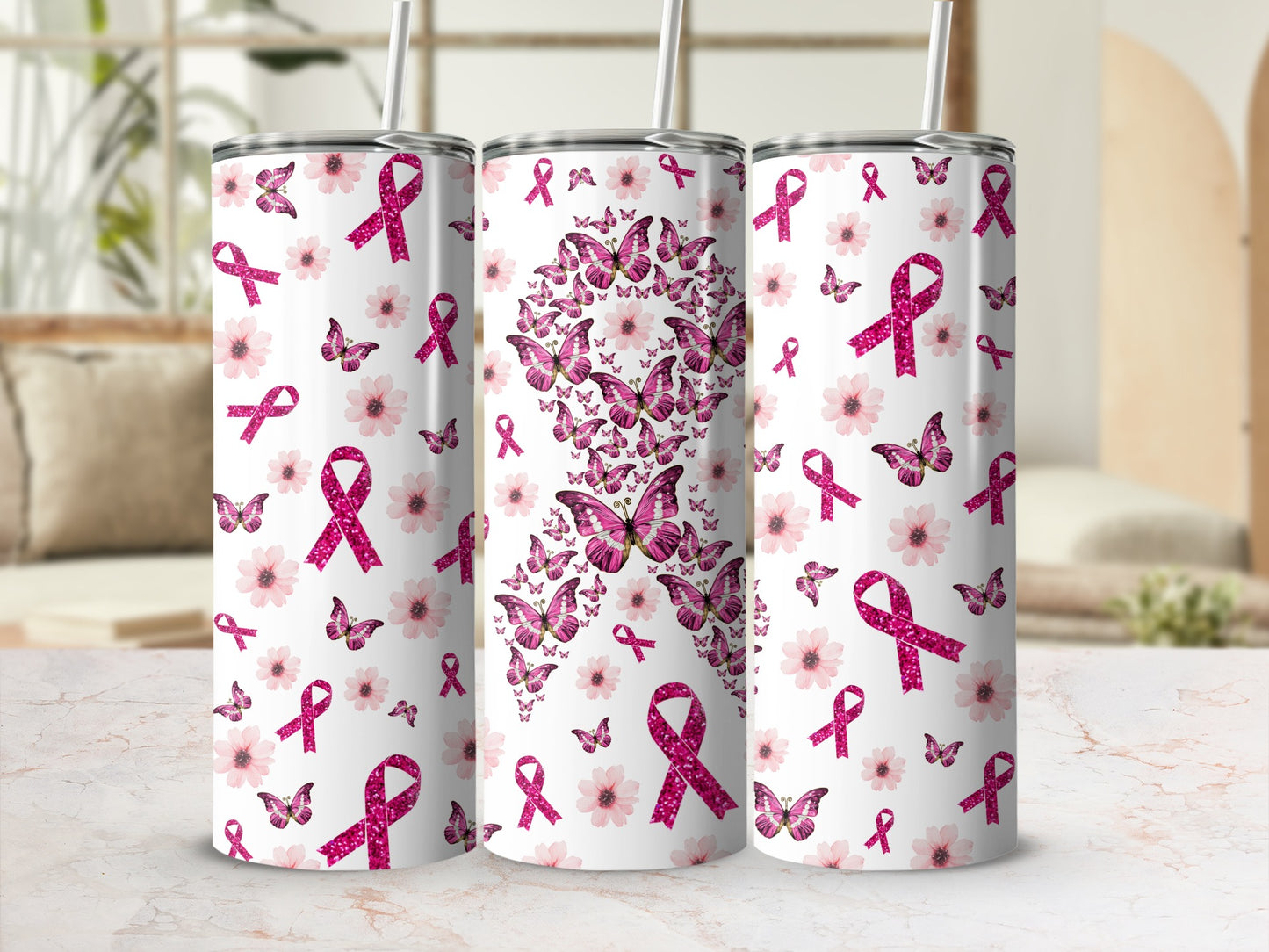 Pink glitter butterflies and flowers pattern on a tumbler.