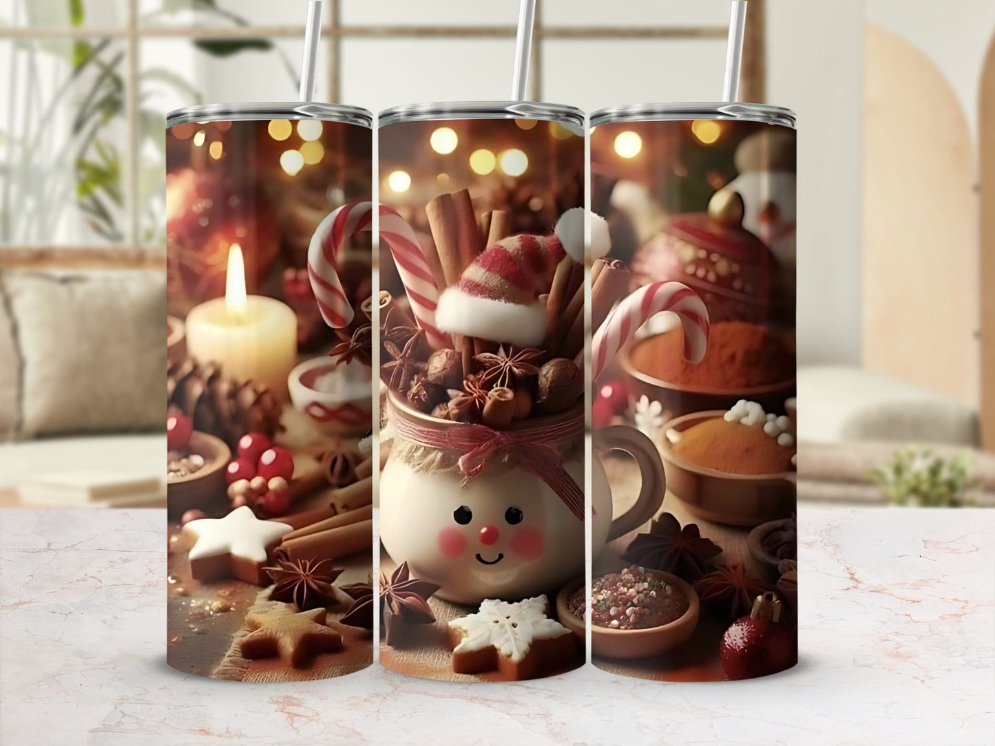 Festive Christmas Scene Travel Tumbler with Candy Cane