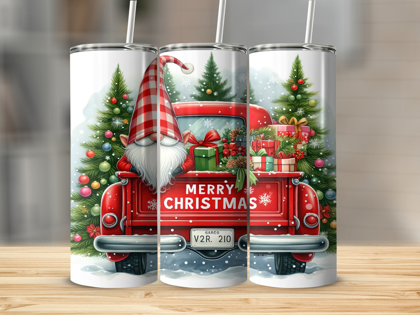 Red vintage truck with gnome and Christmas gifts in snow.
