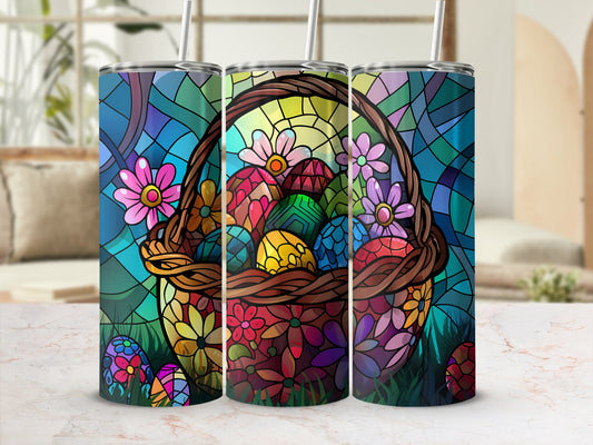Stained glass design with Easter eggs in a basket.