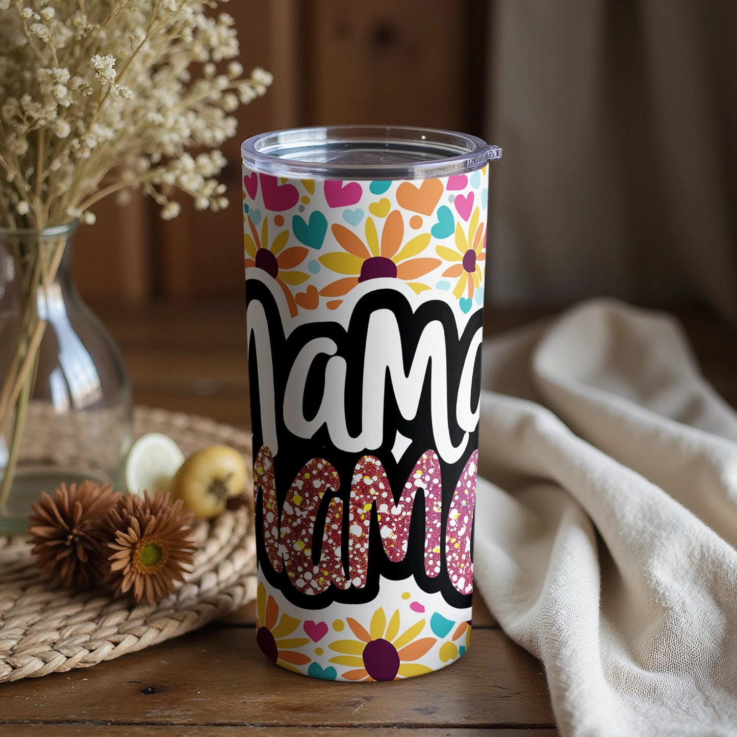 Cute and Colorful Mama Hearts and Flowers Tumbler