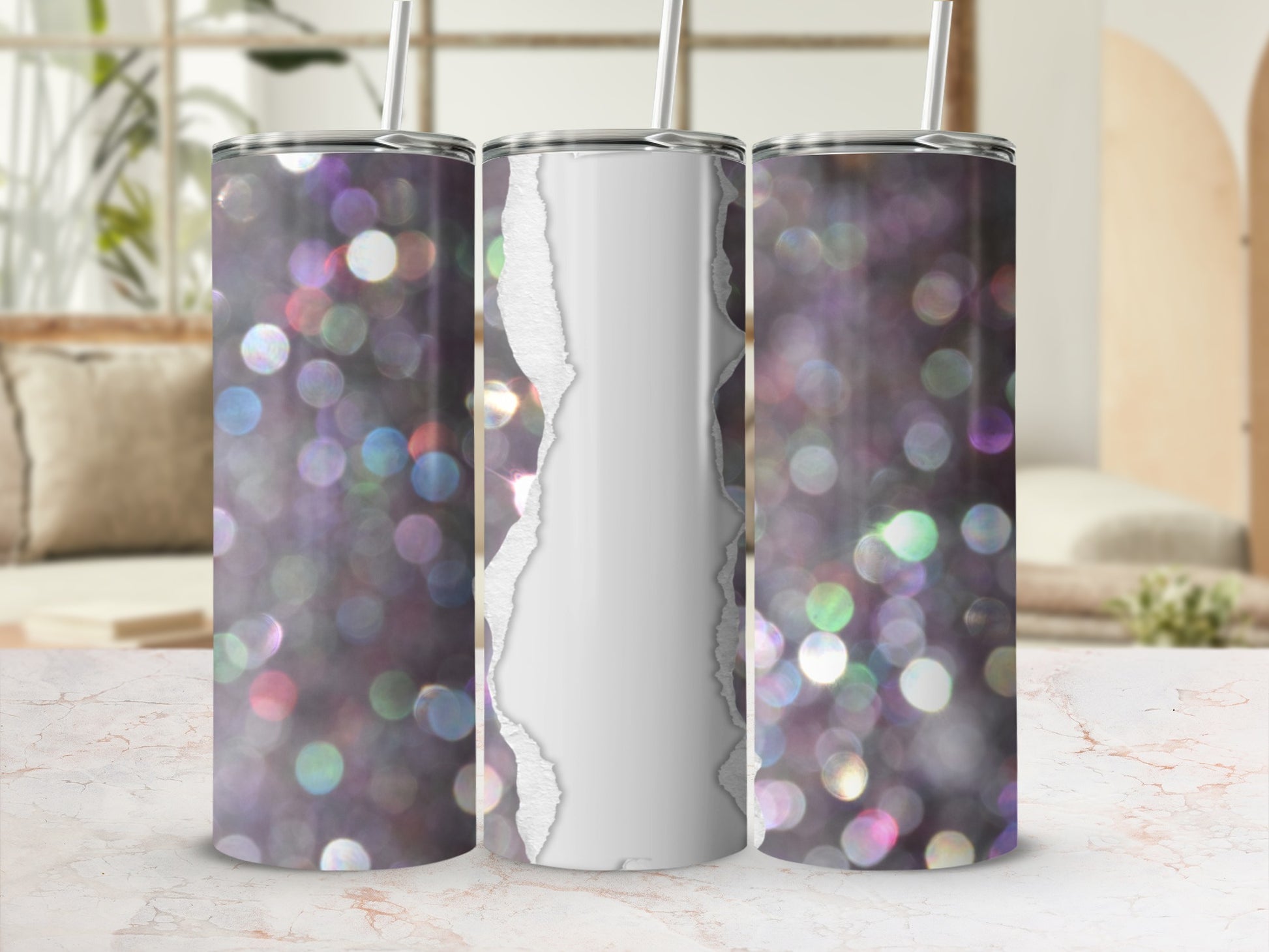 Three tumblers with torn paper effect against bokeh background.