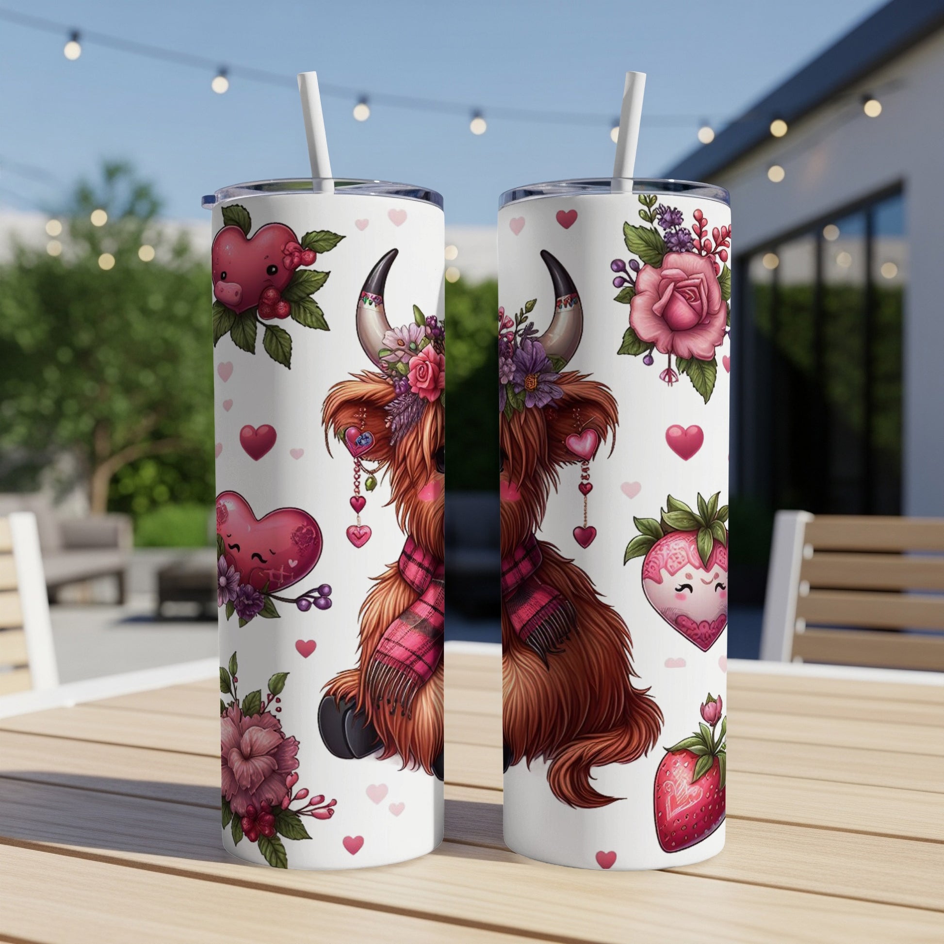 Highland cow with flowers and strawberries, Valentine's Day theme.