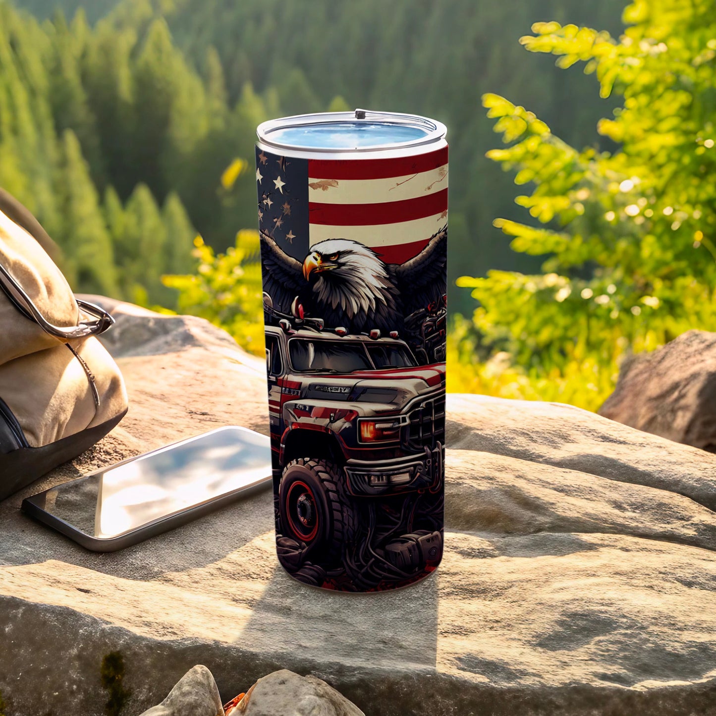 Eagle and American flag on truck, on tumbler.