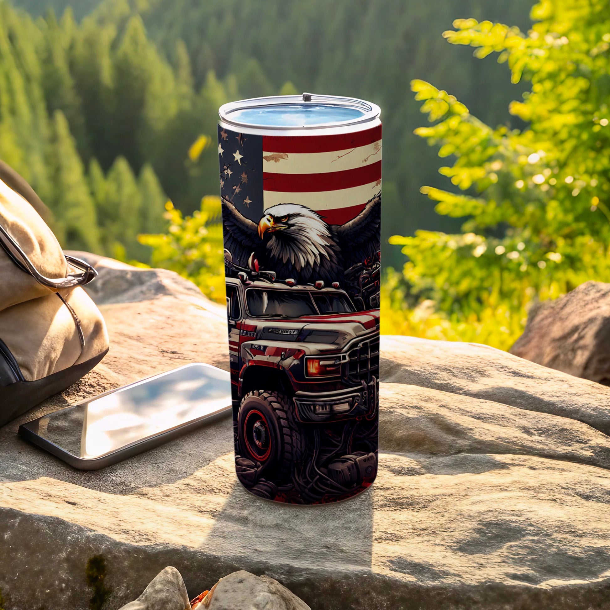 Eagle and American flag on truck, on tumbler.
