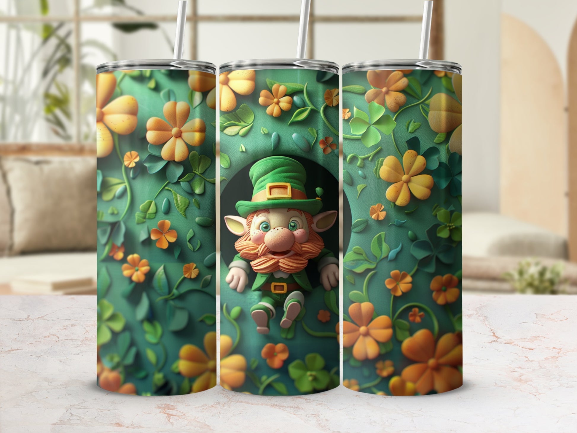Leprechaun with orange flowers and green leaves design on three tumblers.