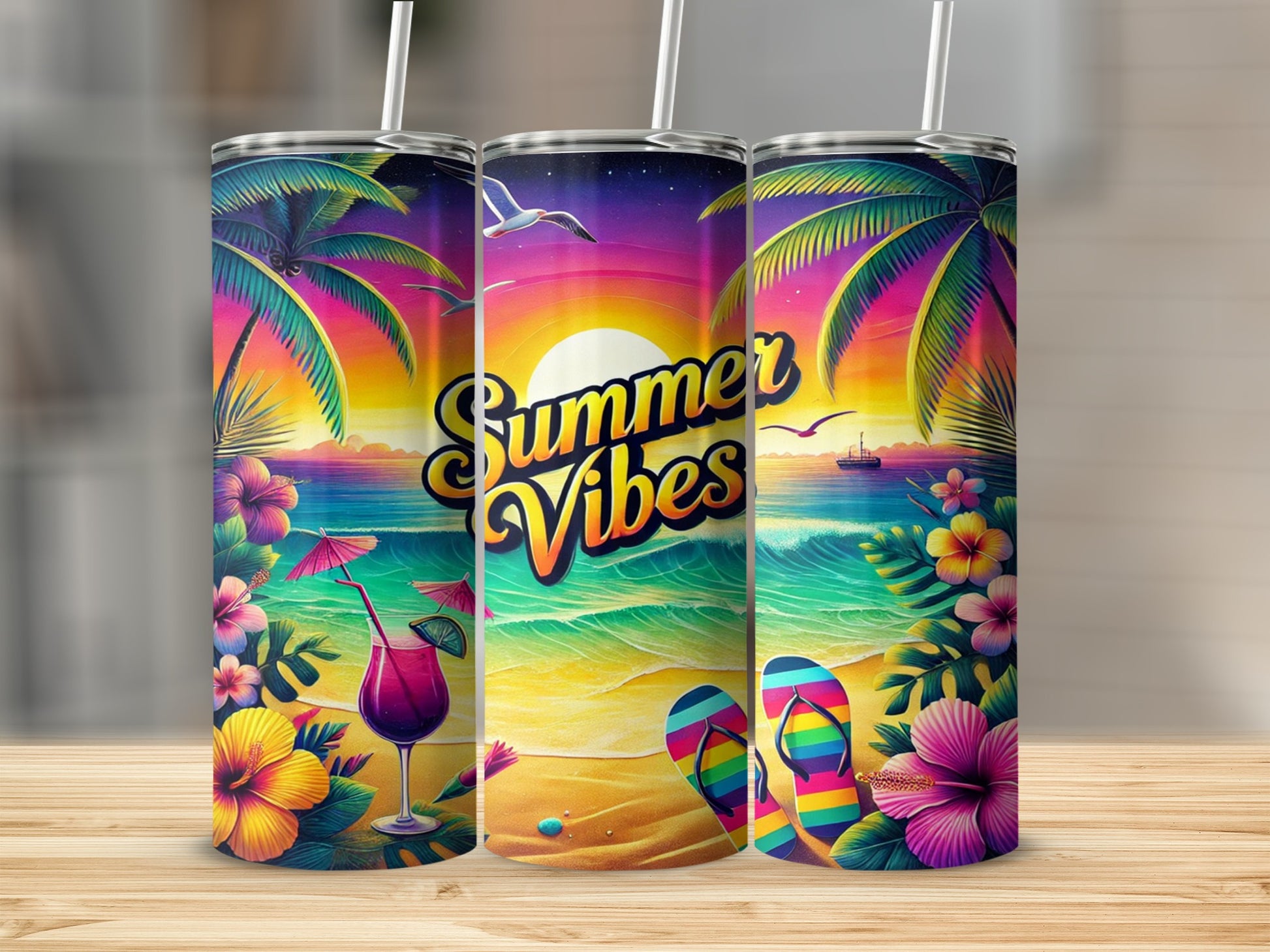 Colorful Summer Vibes Beach Scene Tumbler Cup