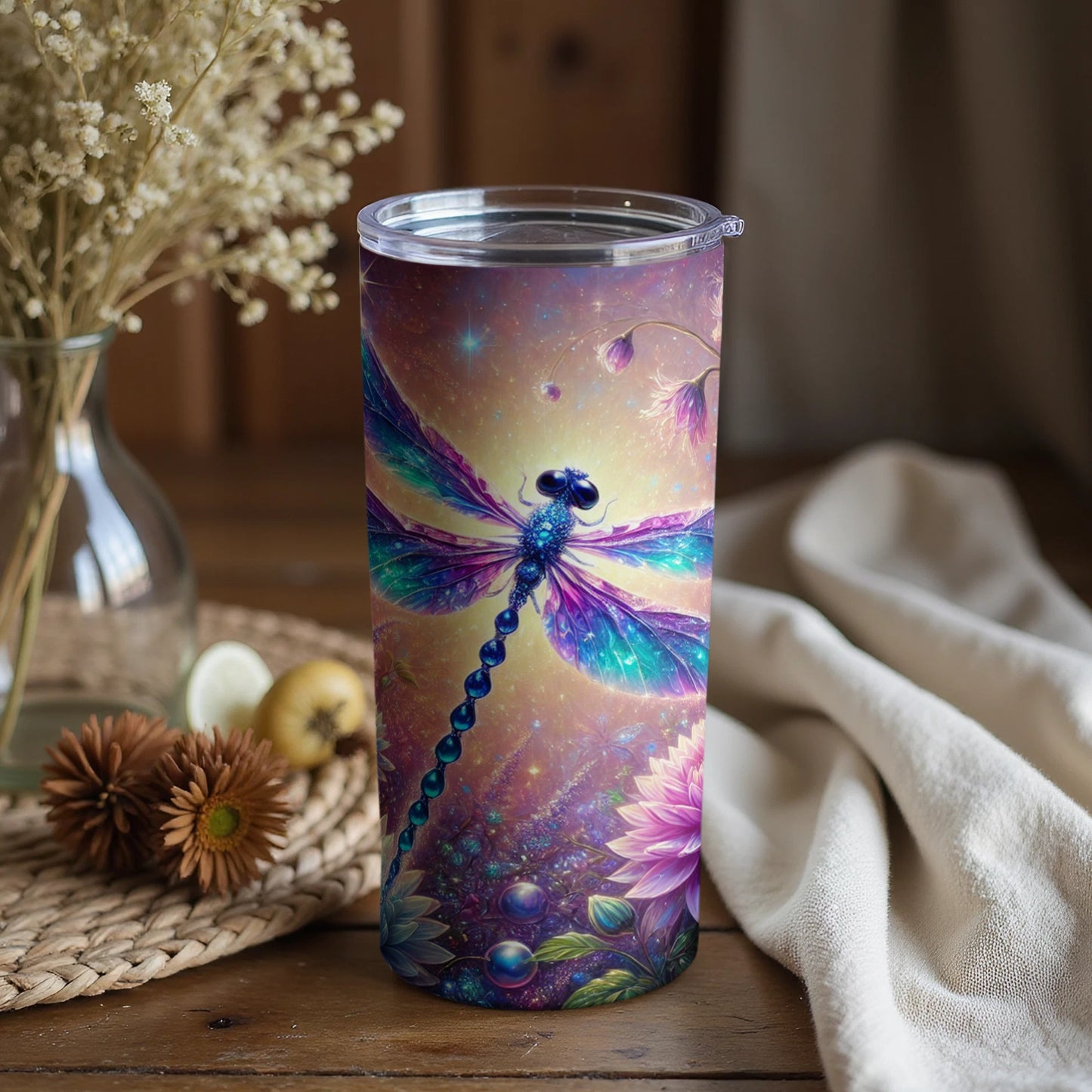 Enchanting Galaxy Dragonfly Tumbler with Lid 20oz