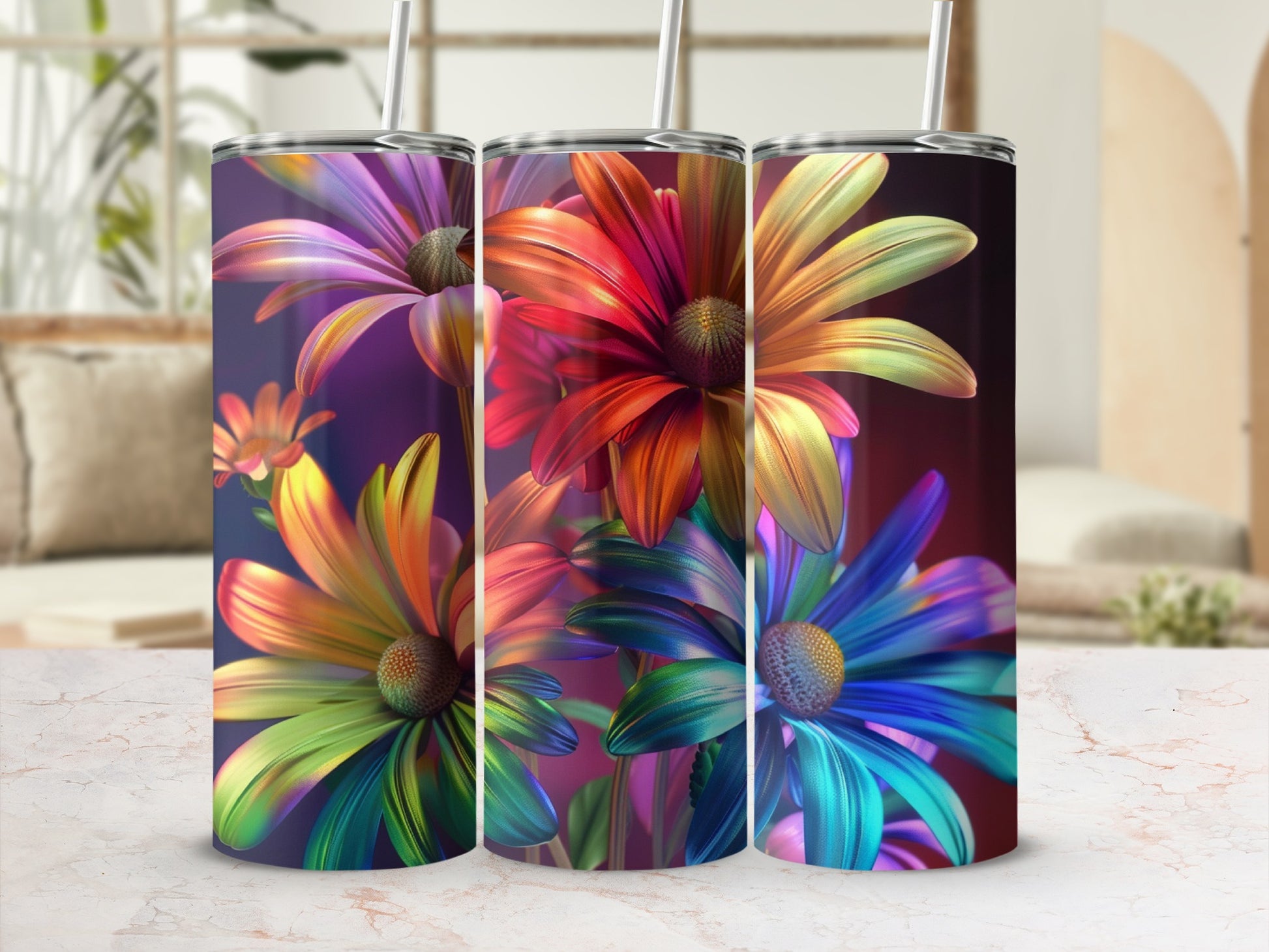 Colorful floral pattern on a tumbler with straw, set against a blurred background.