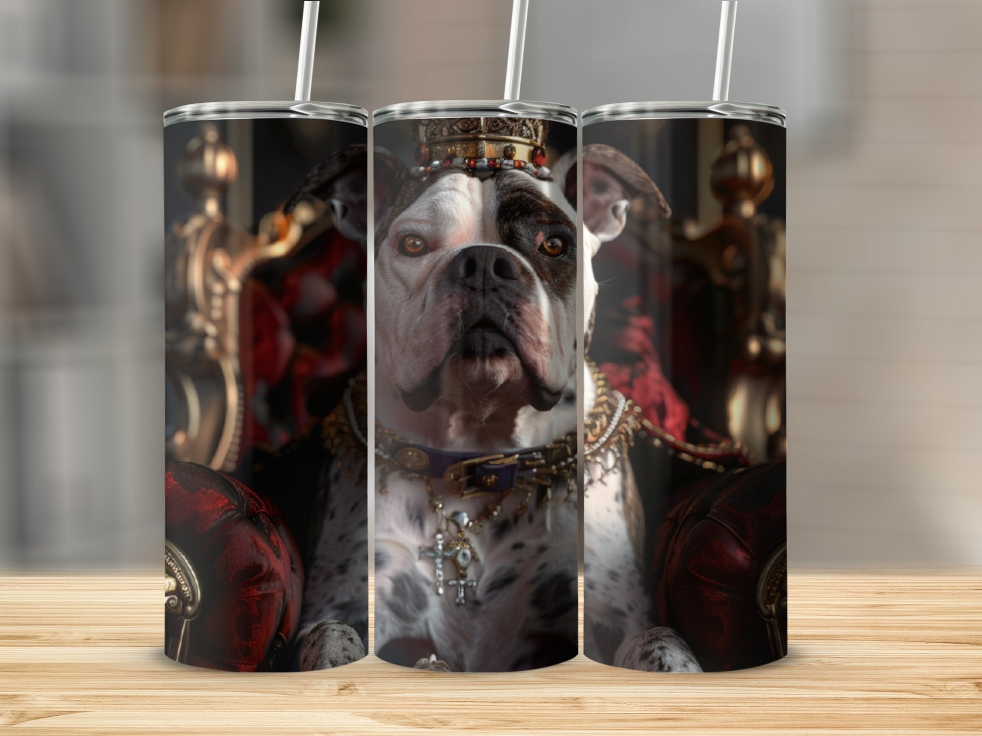 Bulldog wearing a crown and regal attire, seated on a throne.