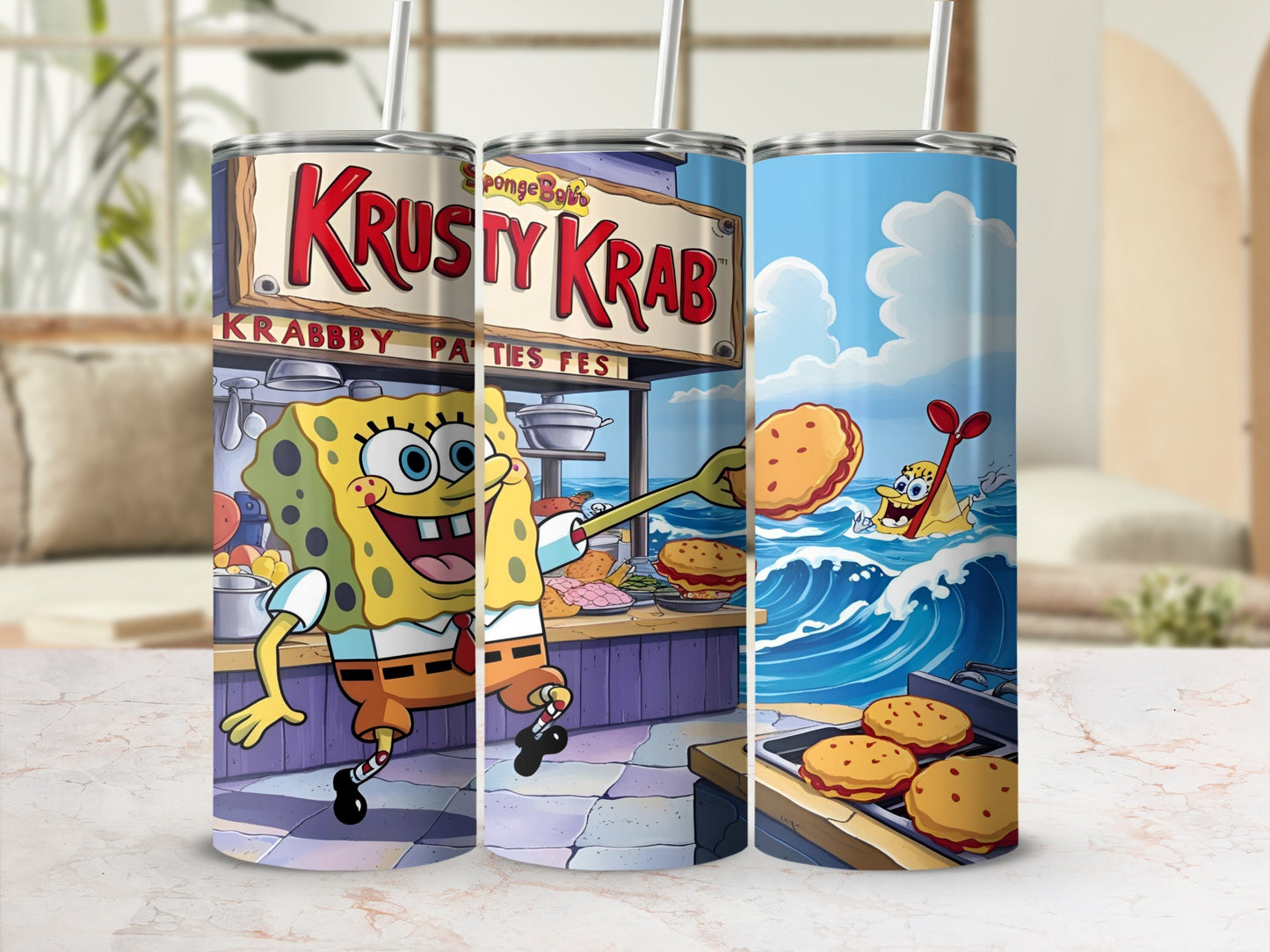 SpongeBob SquarePants holding Krabby Patties outside the Krusty Krab.
